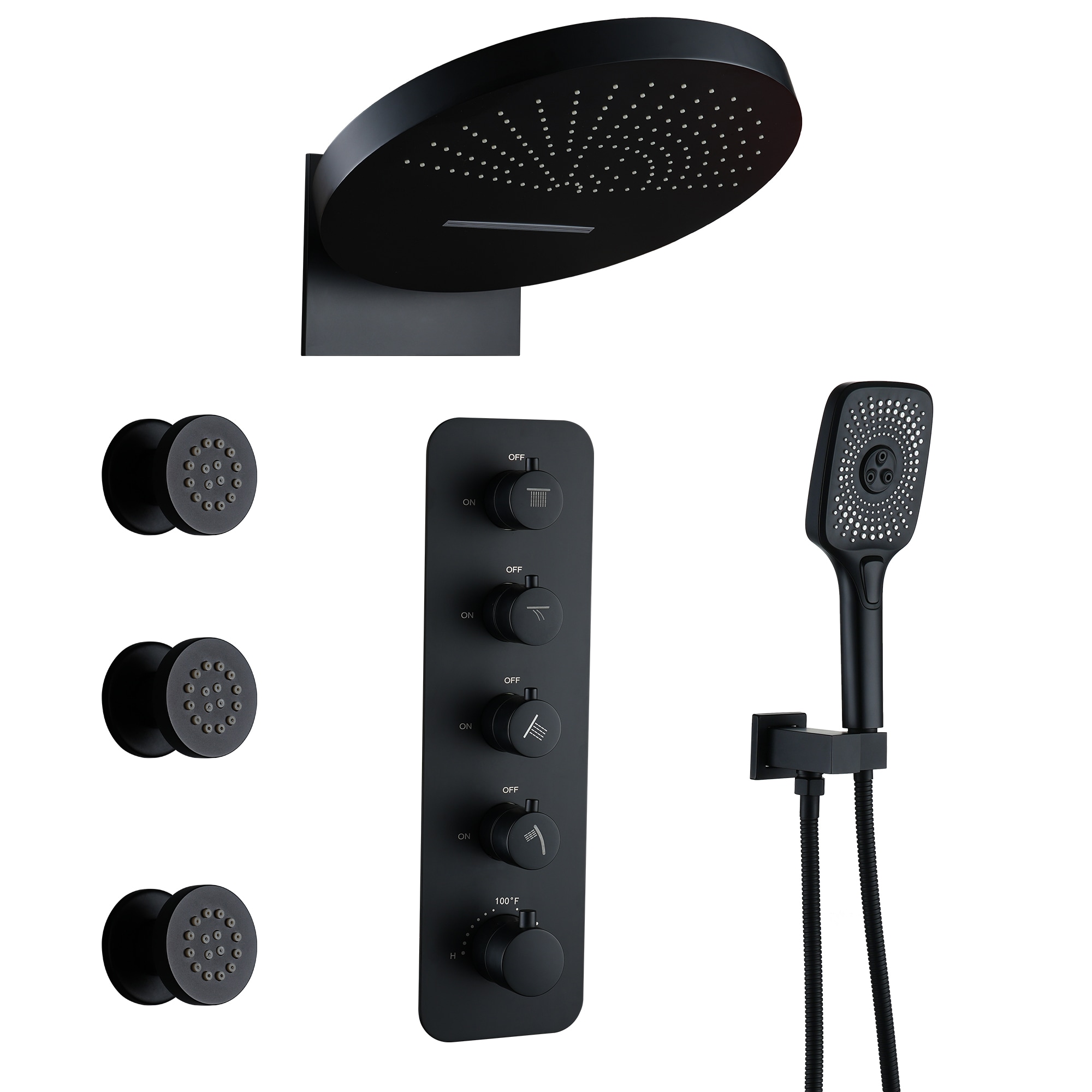 CASAINC CA-A4361-MB Matte Black 16-in Waterfall Built-In Shower Faucet System with 4-way Diverter ( Thermostatic Valve Included )