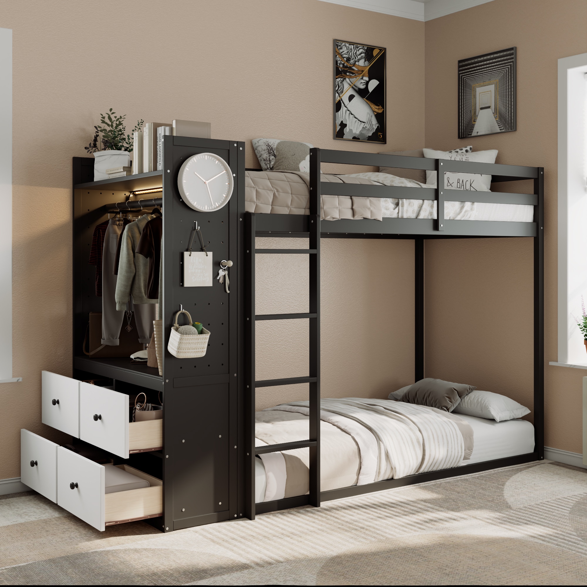 GDFStudio Twin Size Bunk Bed with 4 Storage Drawers Hanging Rail Light Strip and Built in Shelves Dual Pegboards 3 Colors Available Black
