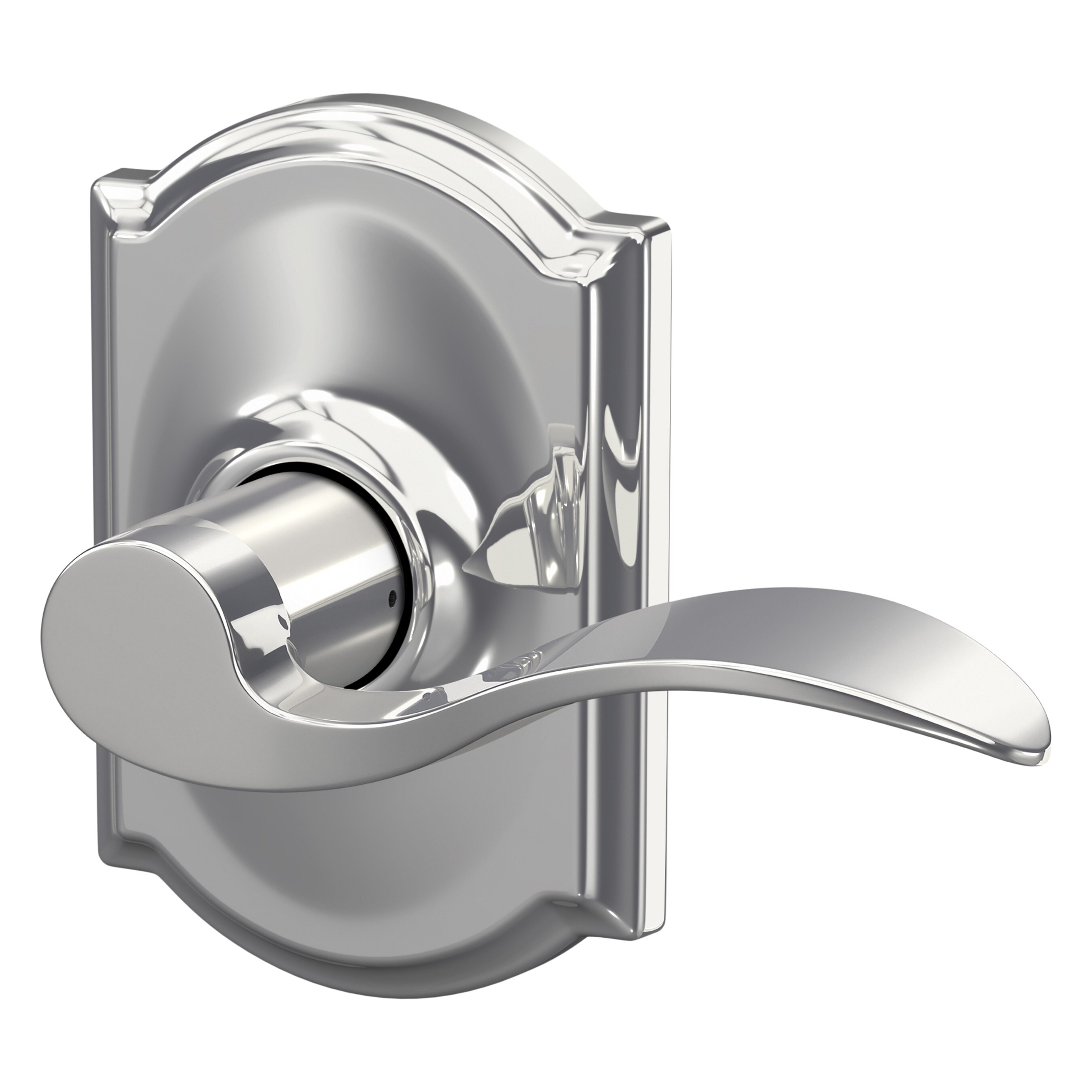 Bright Polished Chrome Accent Passage Door Lever with Camelot Rosette