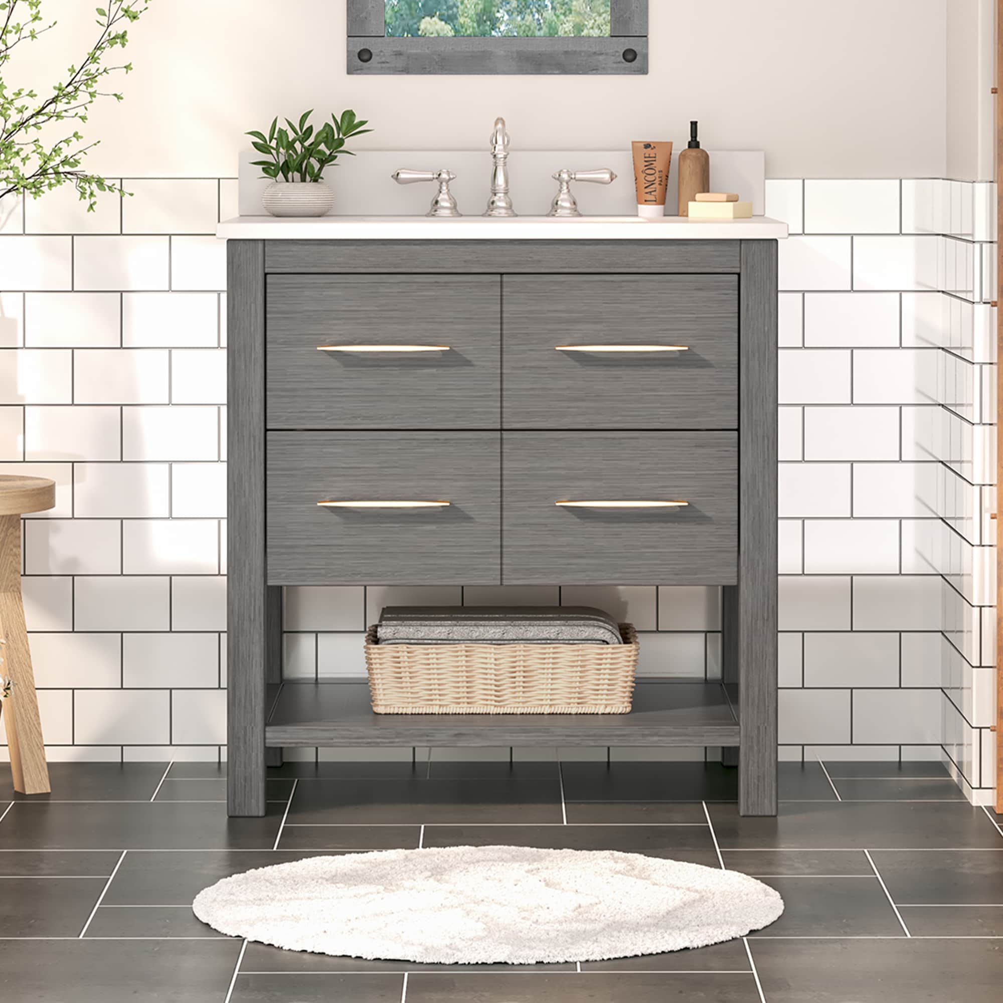 JEAREY JE-12FTTJWT-GR Rustic 30-in Gray Single sink Bathroom Vanity with White Marble Top