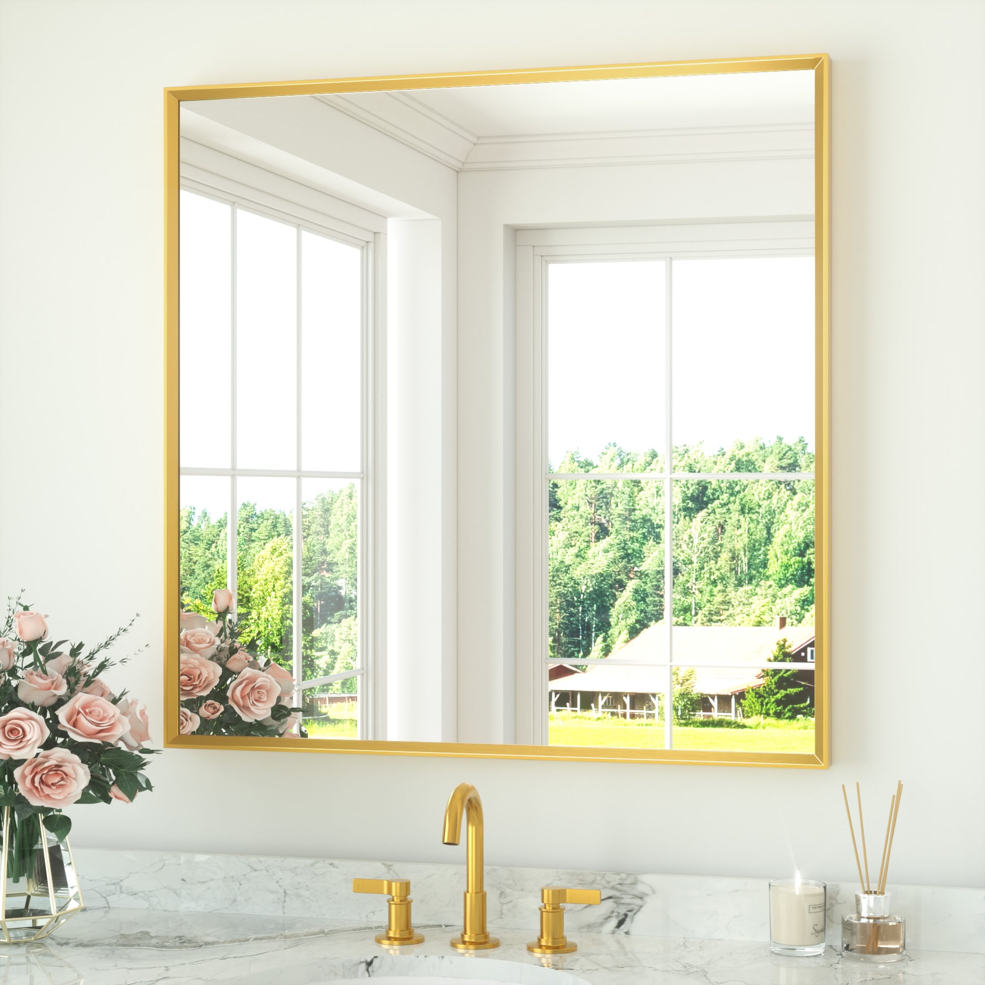 TETOTE - 36 x 36 Inch Brushed Gold Rectangle Beveled Framed Bathroom Vanity Mirror