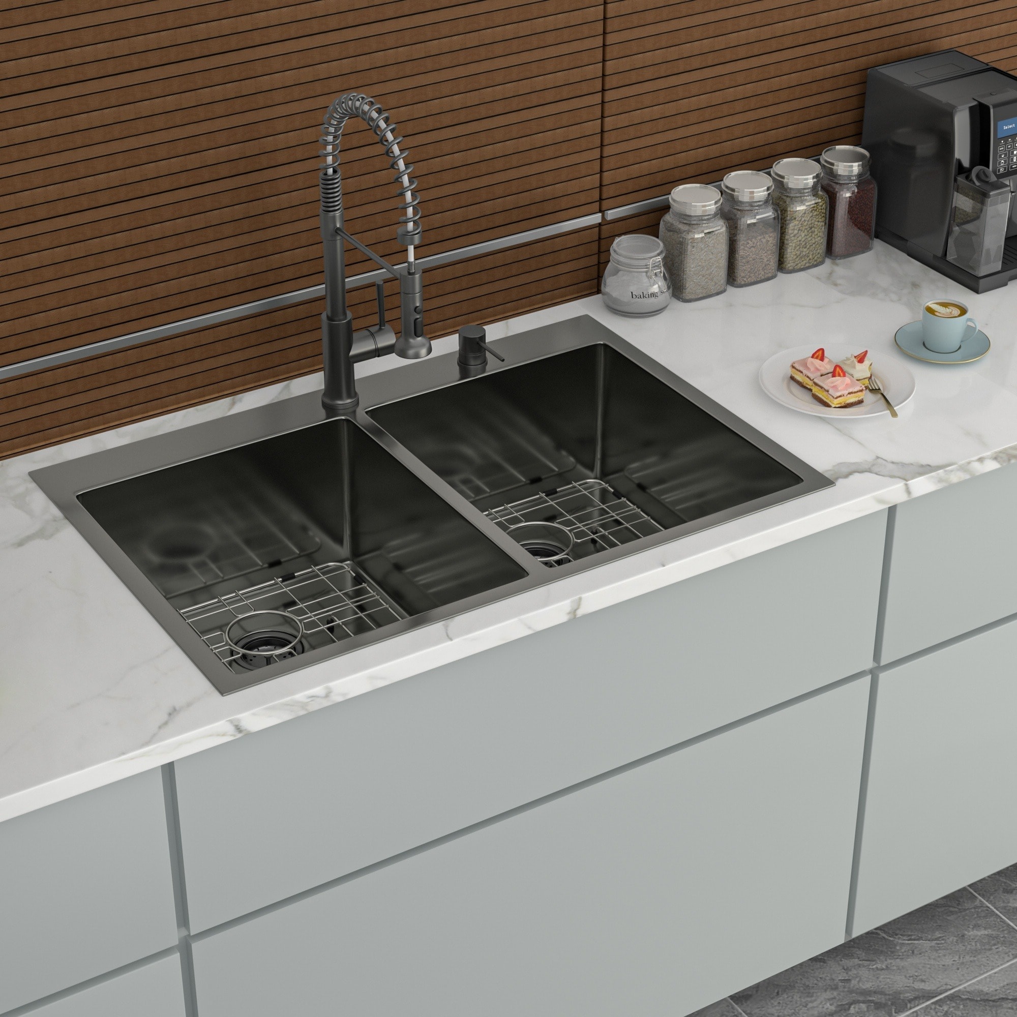 IAK 33 inch x 22 inch x 10 inch Gunmetal Black T304 Nano Stainless Steel Double Bowl Drop in Kitchen Sink with 50/50 Double Basin Design