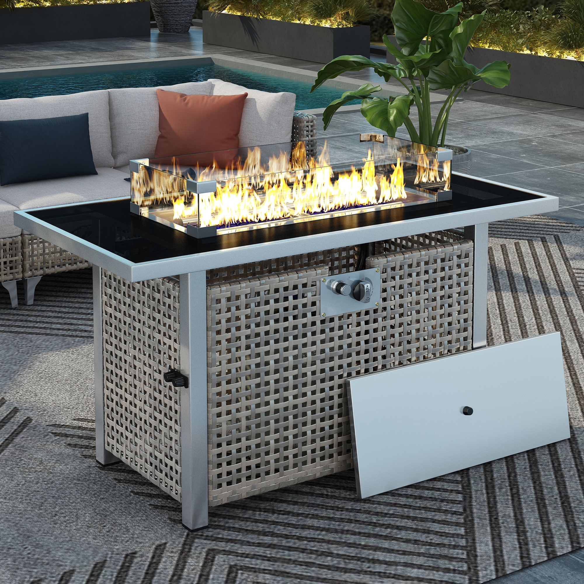 GDFStudio 331464 43 Inch Propane Gas Fire Pit Table 60000 BTU Rectangular Open Weave Wicker Fire Pit with Glass Wind Guard for Outside Patio Deck Garden Backyard - Grey