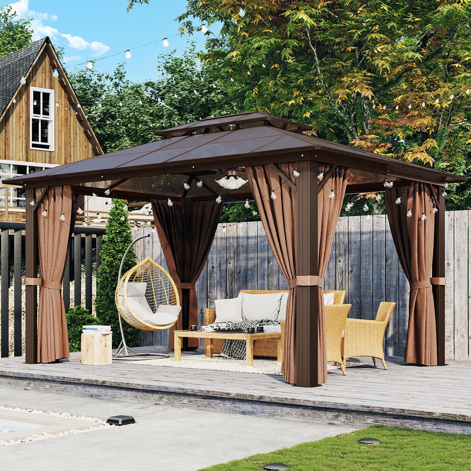 AOXUN G30004BR-A 13-ft x 10-ft Gazebo Brown Gazebo with Hardtop Roof (Screen Included)