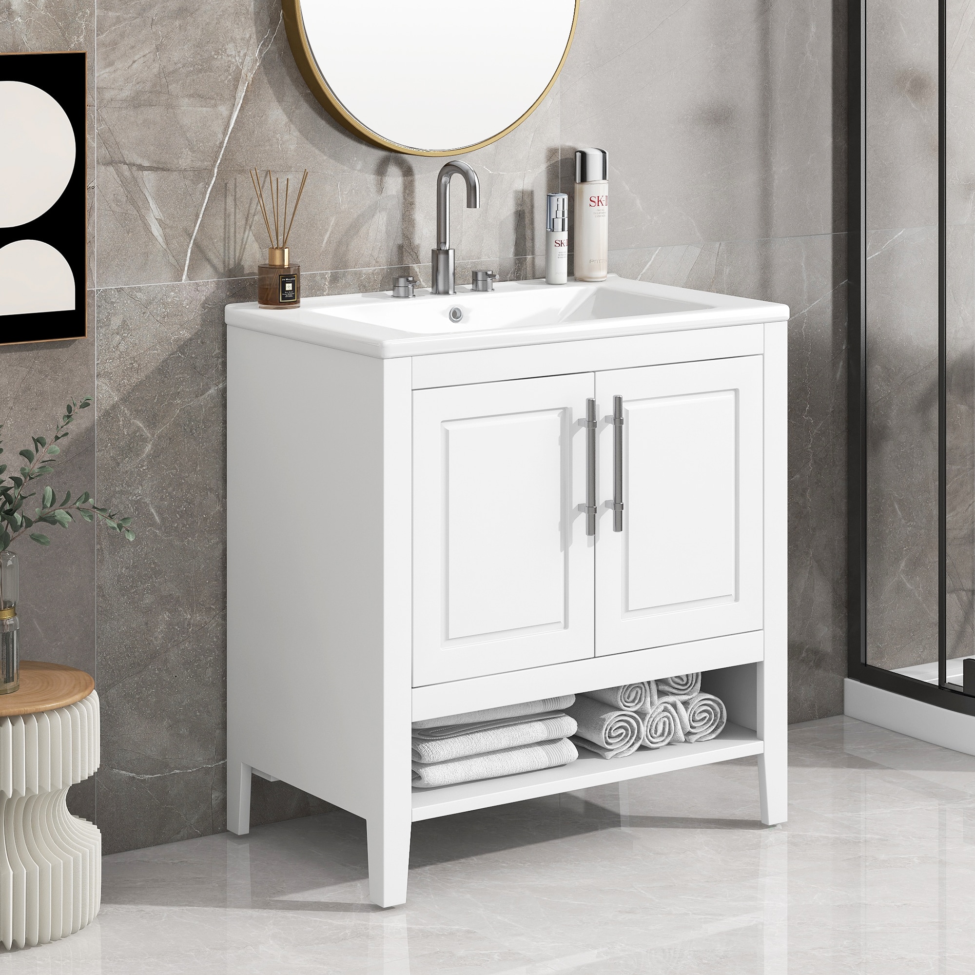 Iseryn YSGAAK8203 Bath Vanity 30-in White Undermount Single Sink Bathroom Vanity with White Ceramic Top