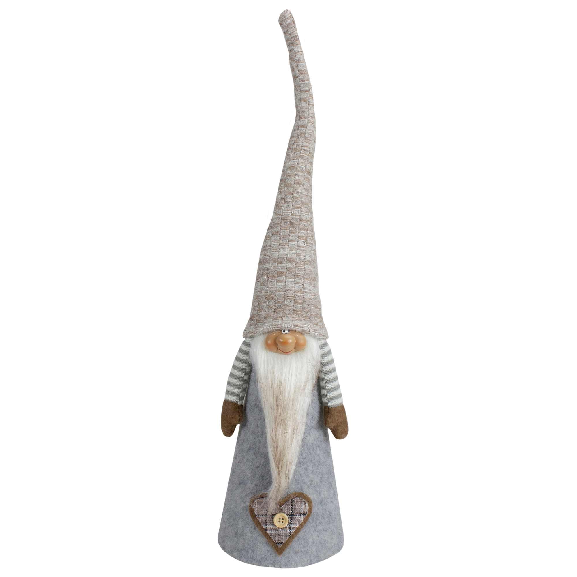 Northlight Tall Cone Gnome with Buttoned Plaid Christmas Tree Figure - 21 inch - Beige and Gray