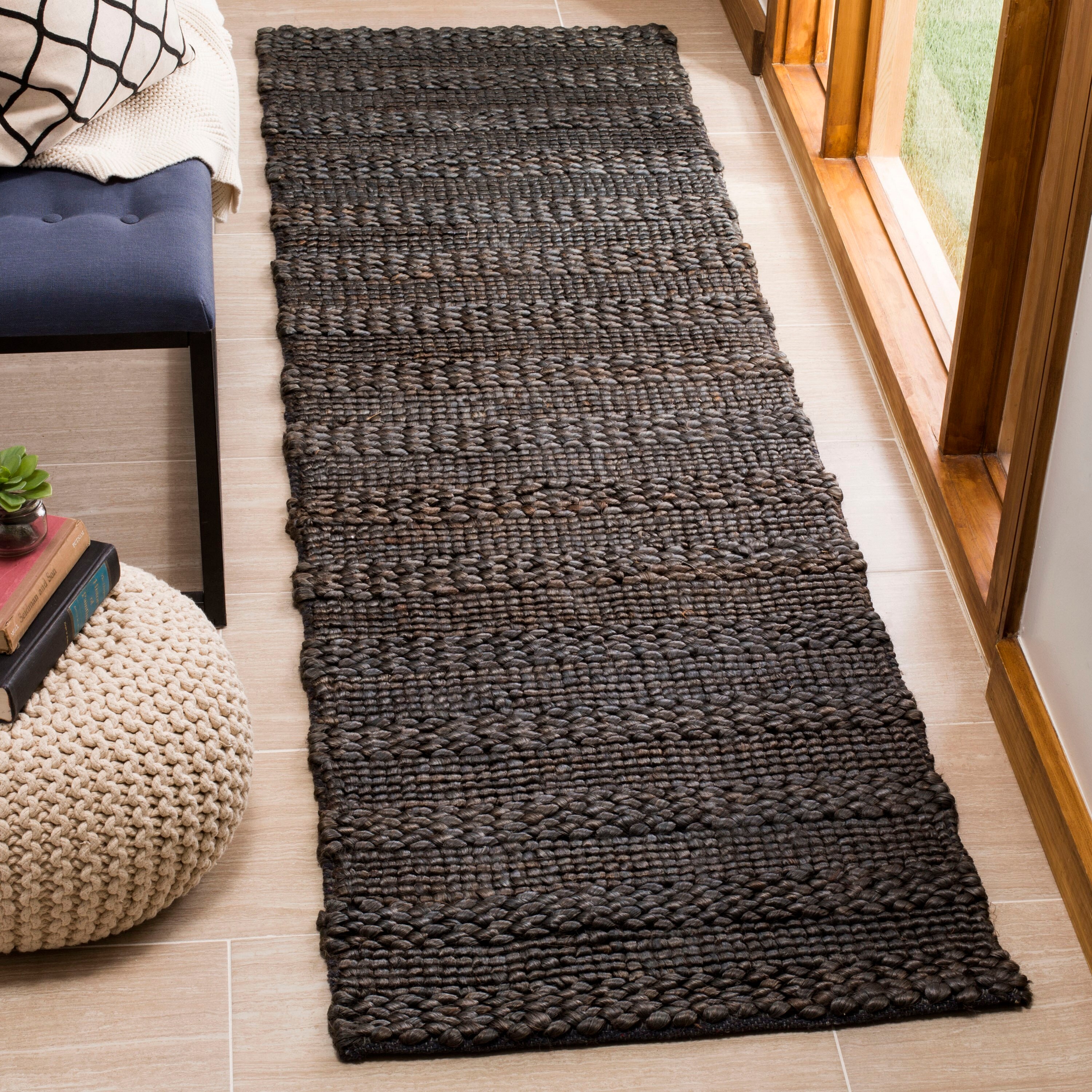 Safavieh NF212C-210 Natural Fiber Wainscott 2 X 10 (ft) Jute Charcoal Indoor Stripe Coastal Runner Rug