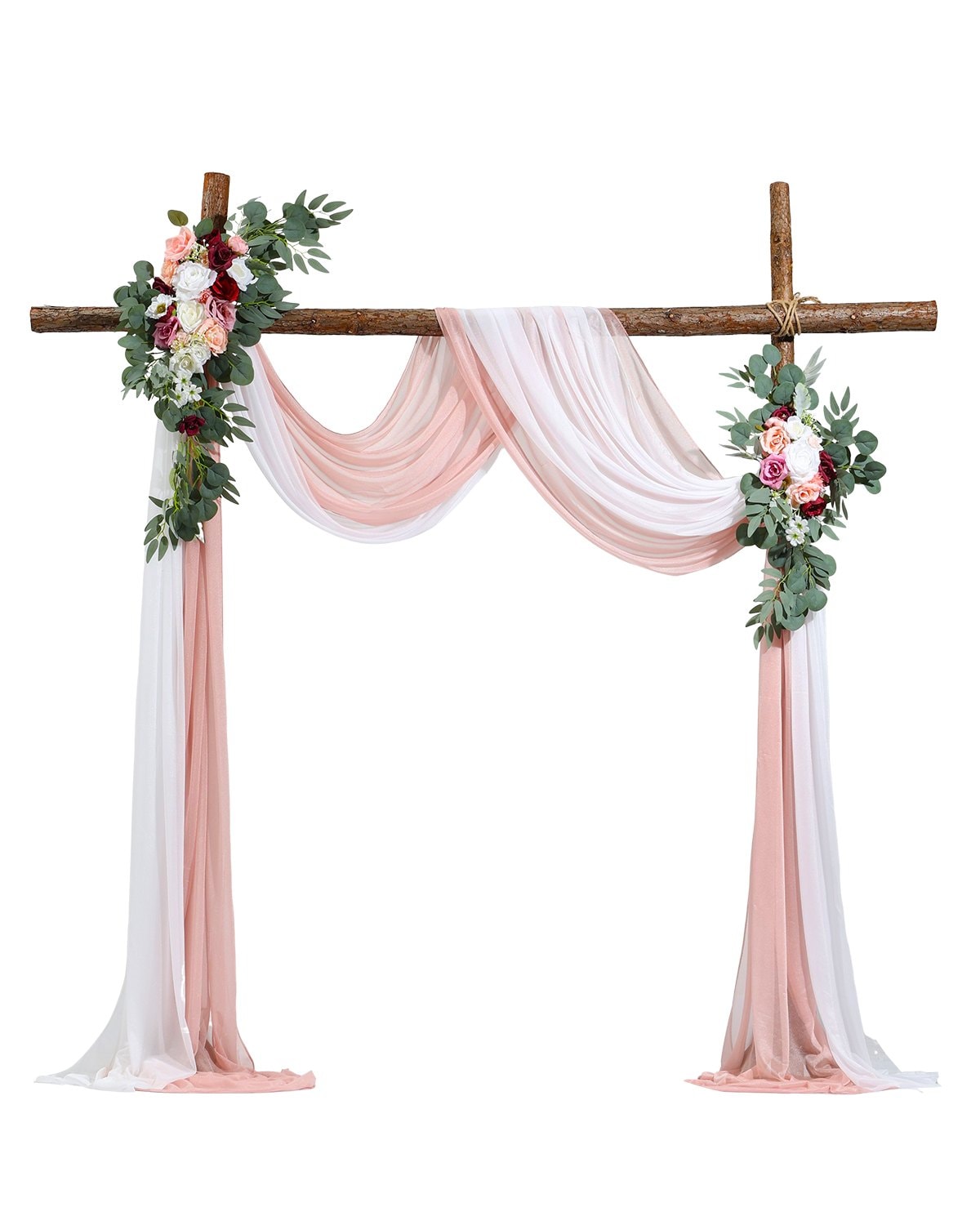 Mecale Artificial Wedding Arch Flower Kit 2 Floral Swags with 2 Sheer Drapes - Pink and White