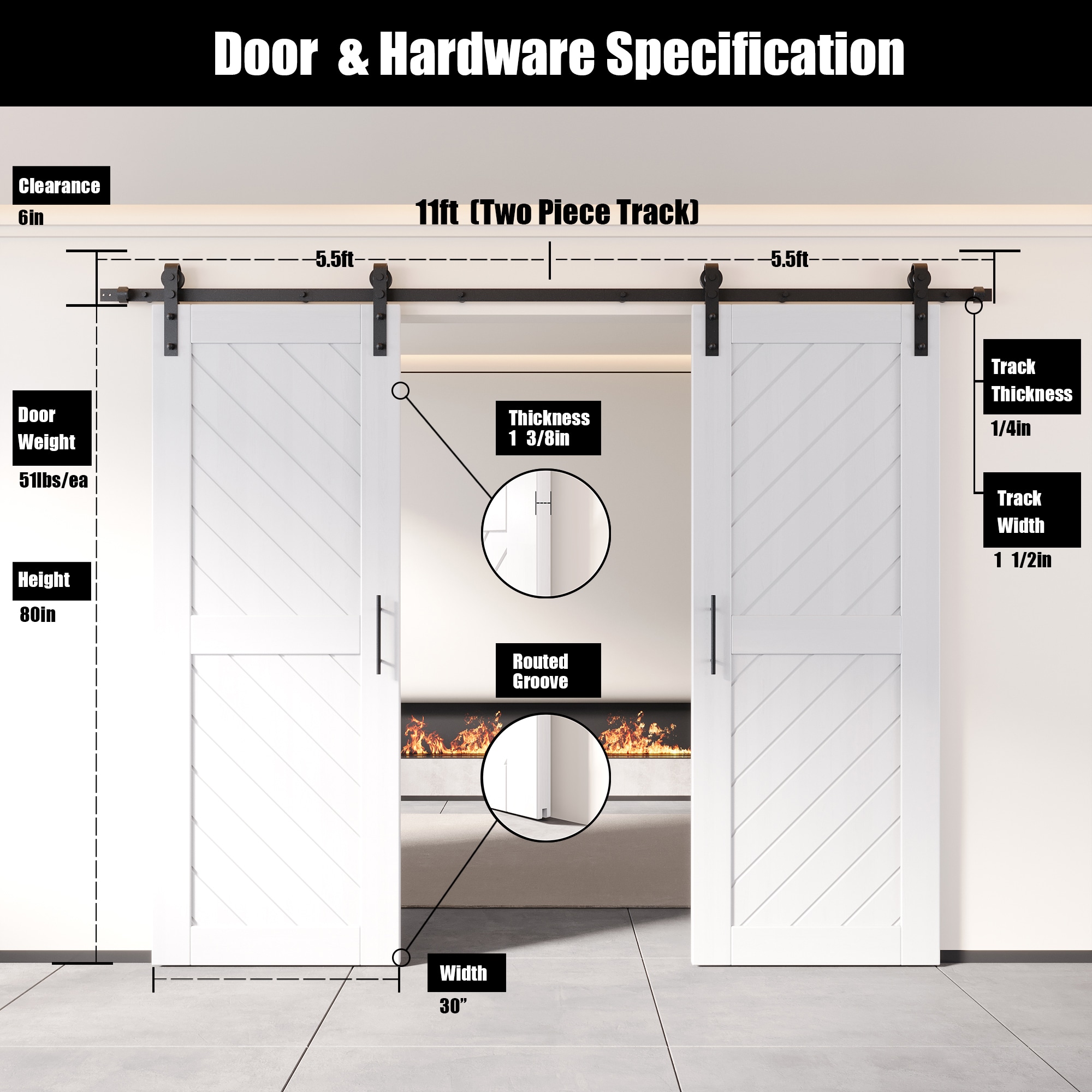HOMACER YT2H132C-XT2-3080-WH Barn-Doors - View #2