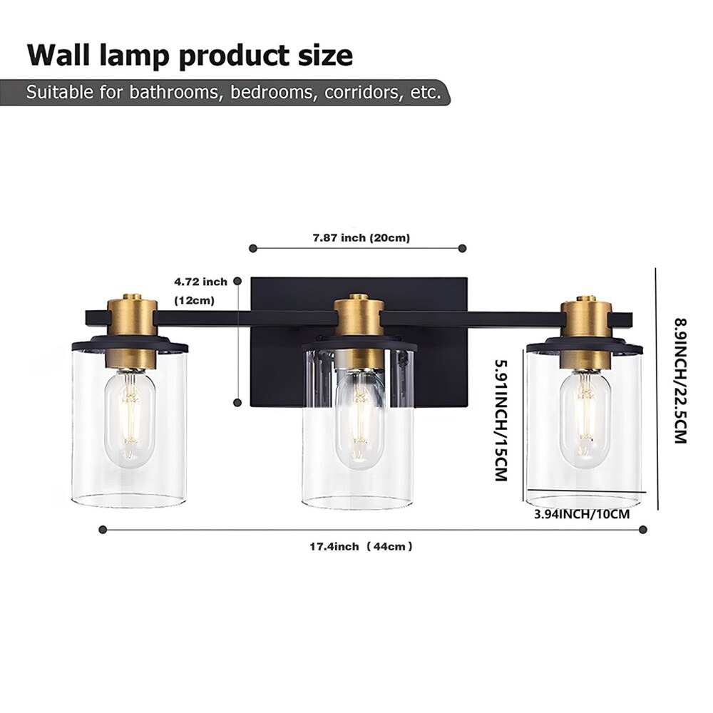 Fylbinye Black Bathroom Vanity Light with Glass Shade 17.4-in 3-Light Matte Black Modern ...