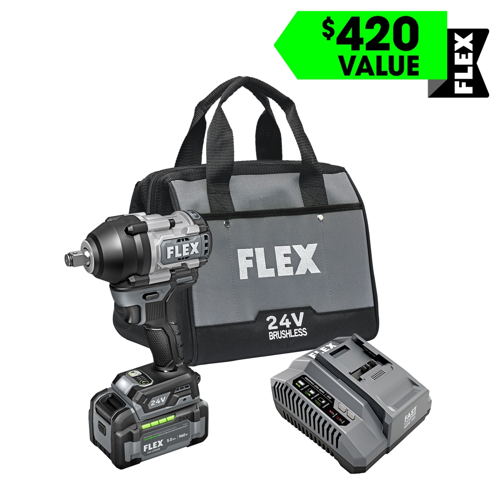 Mid-Torque 24-volt Variable Speed Brushless 1/2-in Drive Cordless Impact Wrench (Battery Included) in Gray | - FLEX FX1451-1C