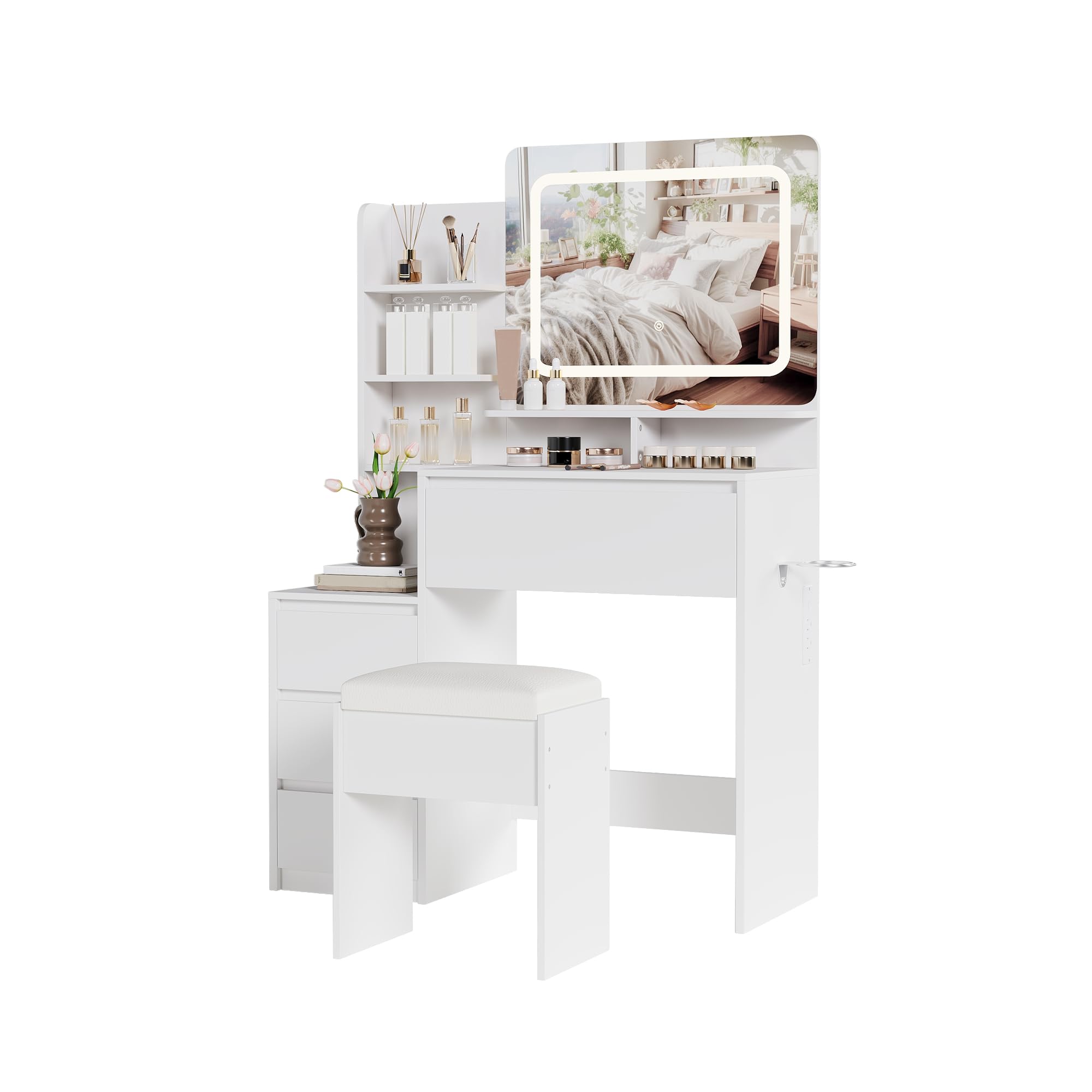 36 Inch Vanity Desk With Mirror And LED Lights Power Outlet USB Ports Stool Three Color Adjustable Light Dressing Table With Four Drawers Storage Shelves White Color For Bedroom And Women Use
