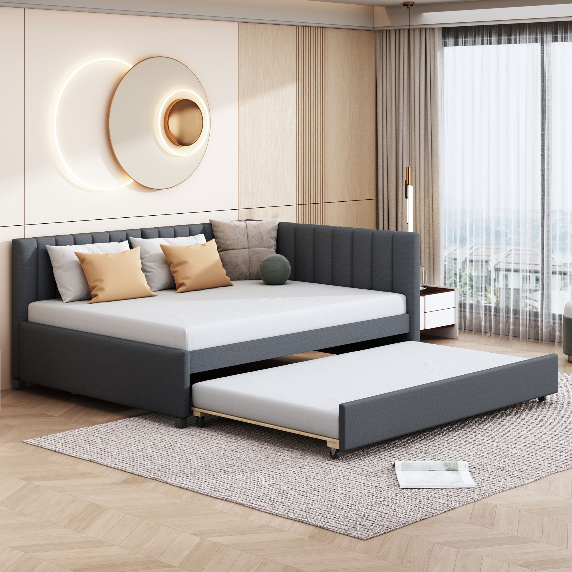 ModernLuxe LP000173AAE Full Size Upholstered Daybed with Trundle Sofa Bed Frame No Box Spring Needed Linen FabricGray