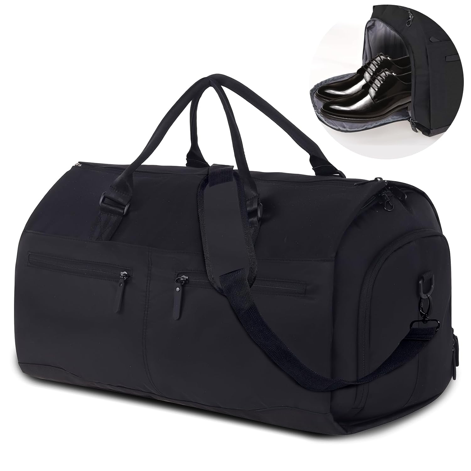 KINGSLONG 2-in-1 Garment Duffel Bag 45L Carry-On Travel Suit Bag with Shoe Compartment and Detachable Shoulder Strap Black