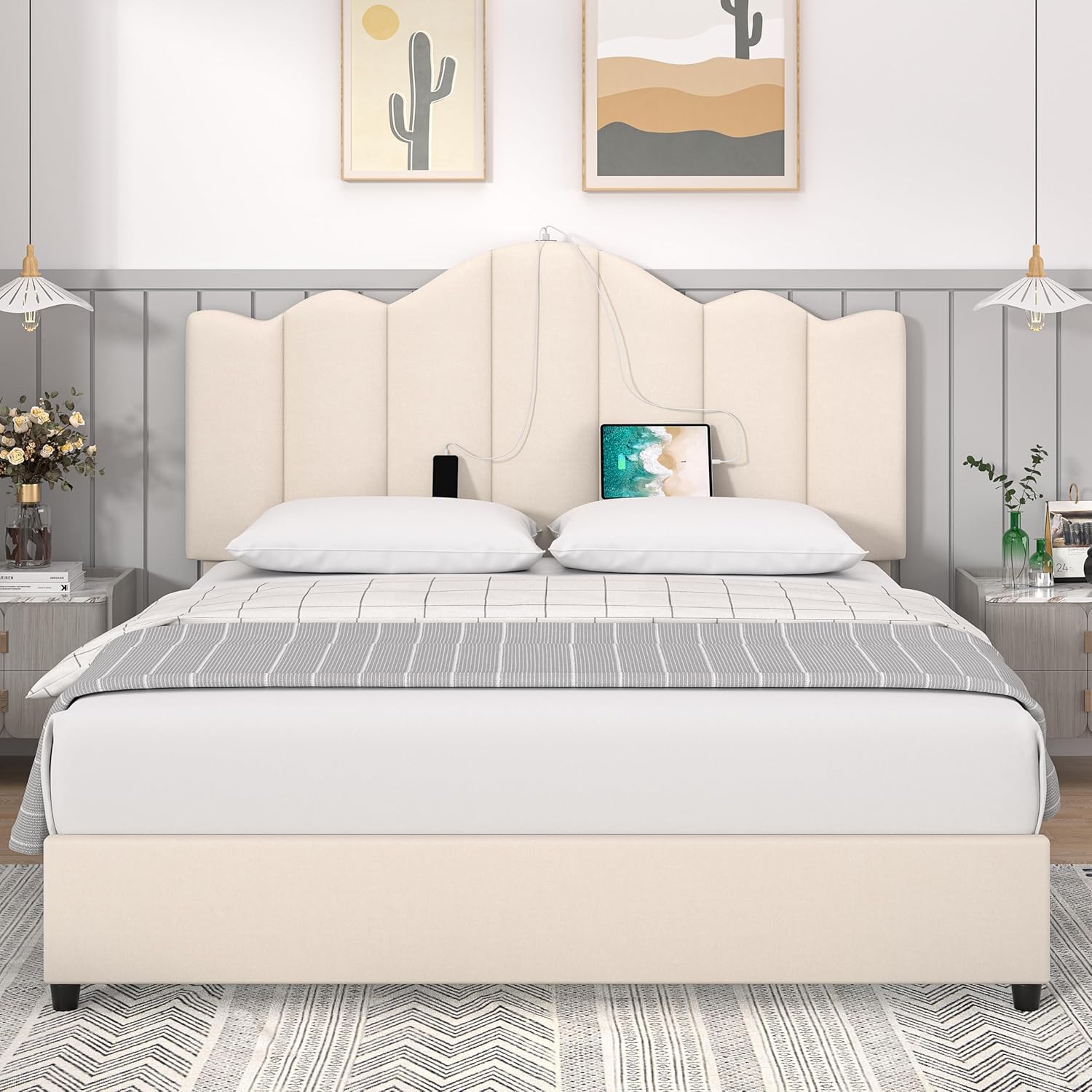 Vecelo LOE-RF03-USB-BGE Full Size Platform Bed Frame with Type C and USB Charging Stations Upholstered Adjustable Headboard Beige