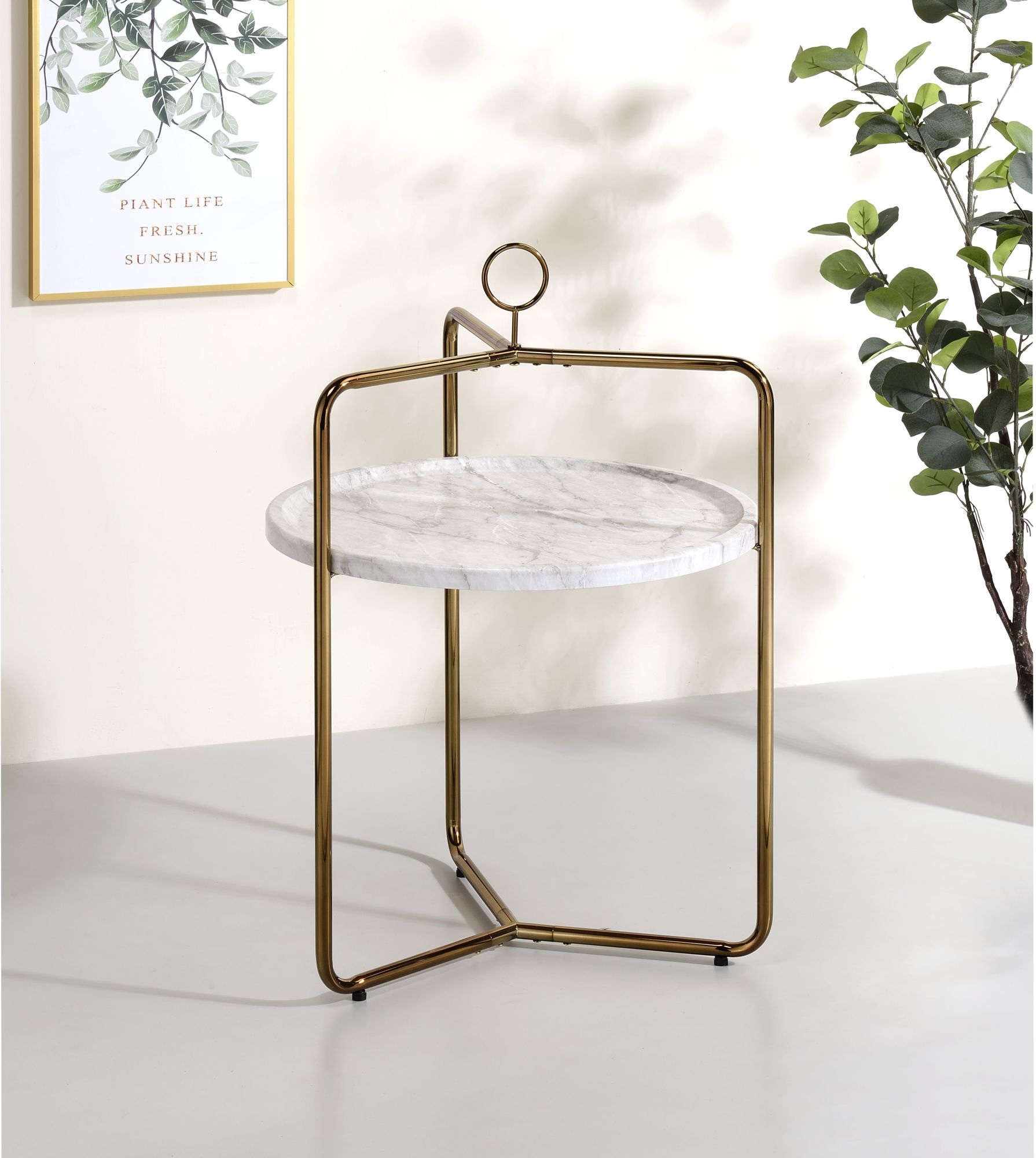 White Faux Marble and Gold Metal Round Side Table
