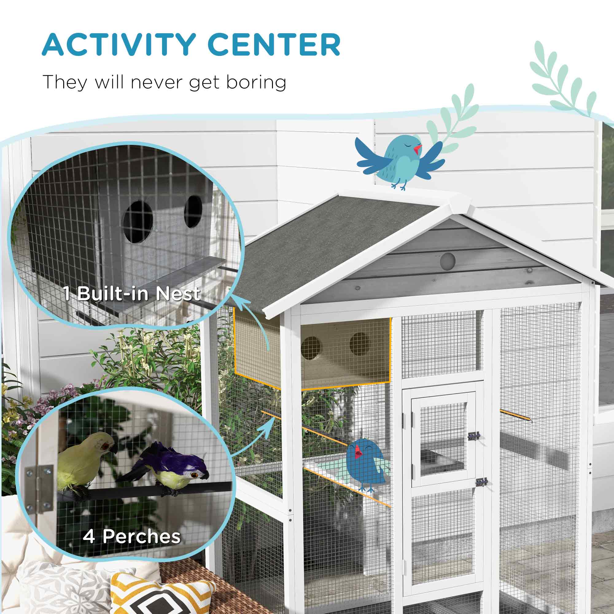 PawHut 64.5inch Wooden Bird Cage Aviary Flight Cage with 4 Perches Nest ...