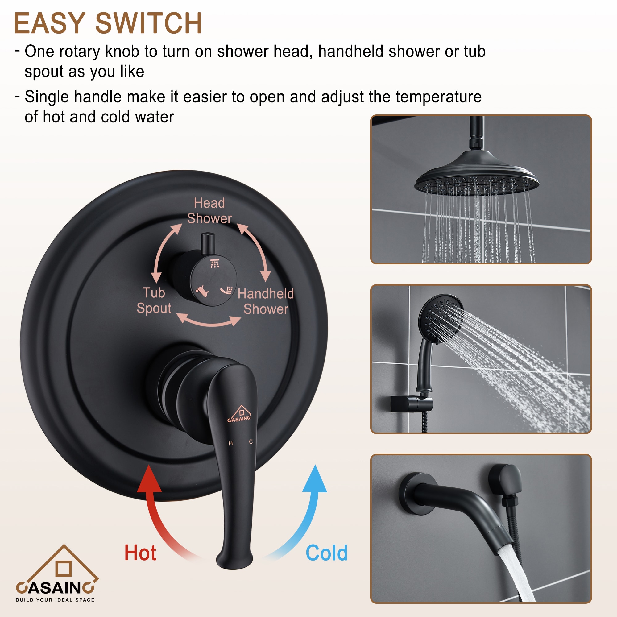 CASAINC HM-B208-SQ-MB Showerhead-Bar-Panels - View #6