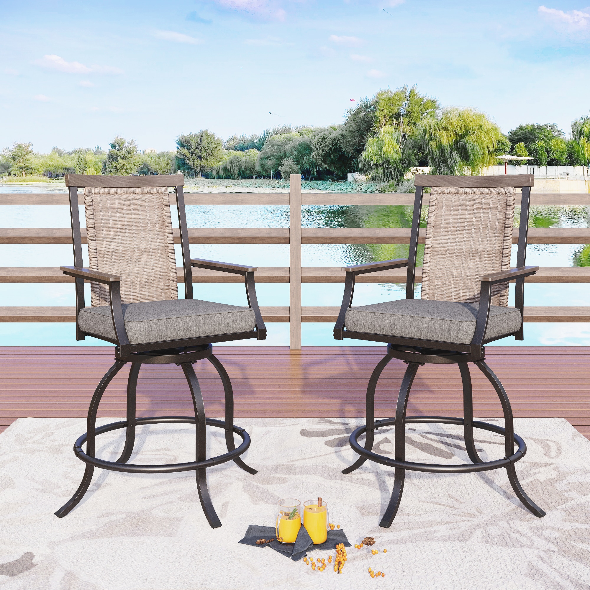Sunshine Valley E02GF131 Set of 2 Rattan Black Steel Frame Swivel Bar Stool Chair with Gray Cushioned Seat