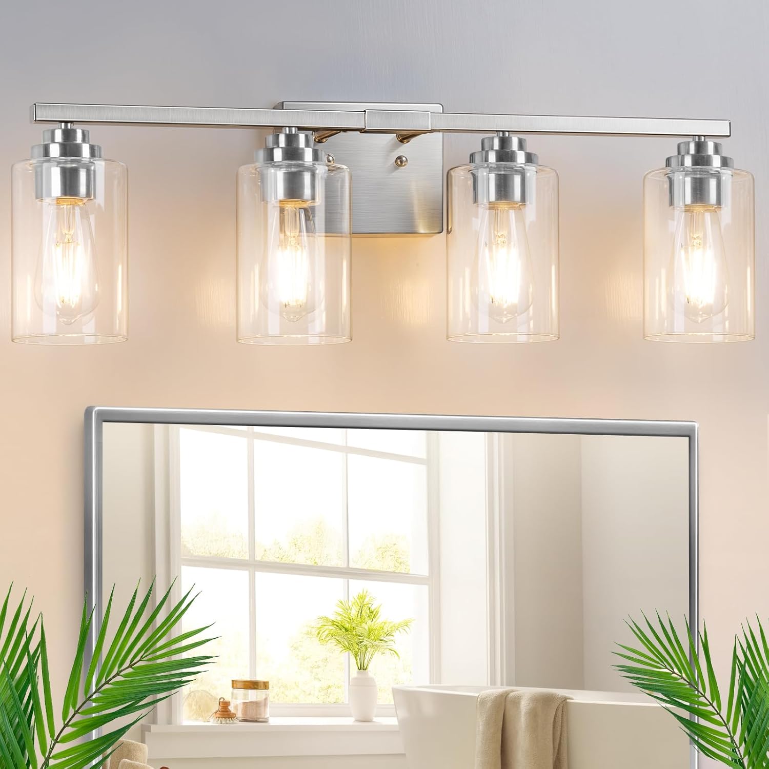 Nordic Hygge 27 Inches Modern Bathroom Vanity Light 4 Light Brushed Nickel Wall Sconce with Clear Glass Shades for Mirror