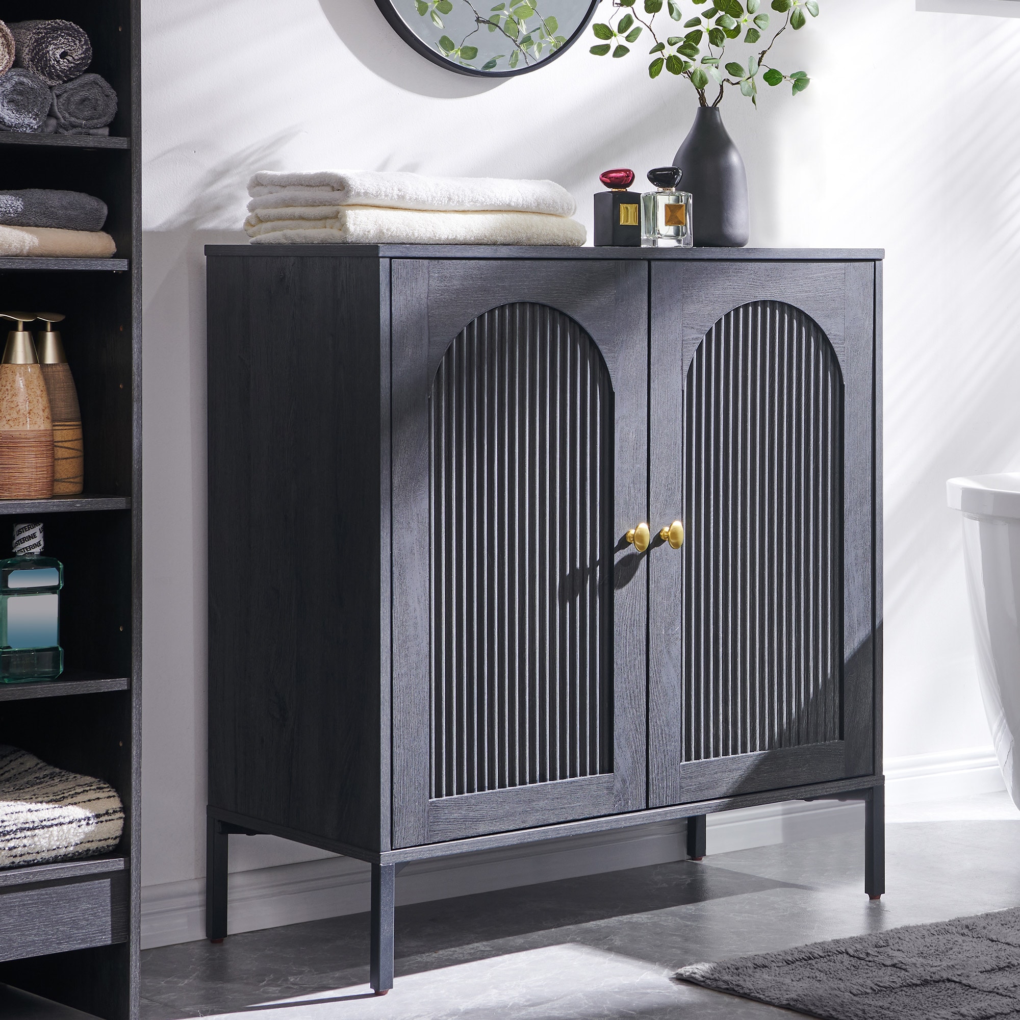 DecorUHome 34Inch Tall Shoe Cabinet with Storage Modern Arched Fluted Door Shoe Organizer with Adjustable Shelves Wooden Entryway Shoe Rack for Hallway Living Room