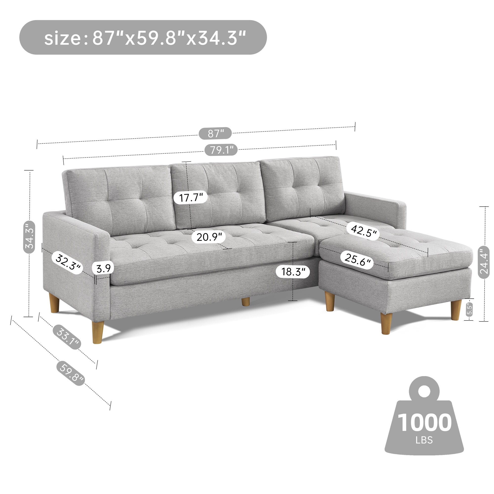 Light Grey Tufted Velvet Two Piece Sectional Sofa with Ottoman