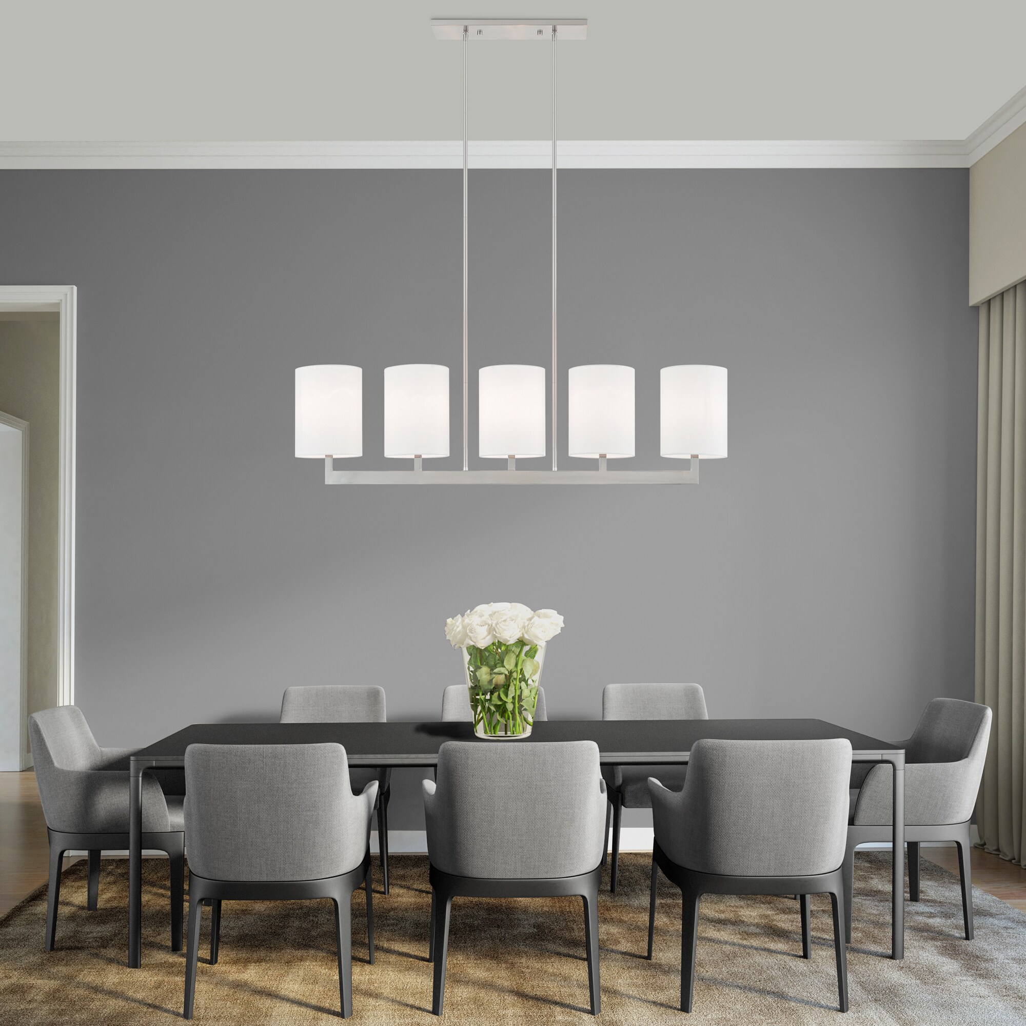Contemporary Brushed Nickel 5-Light Linear Chandelier with Off-White Shades