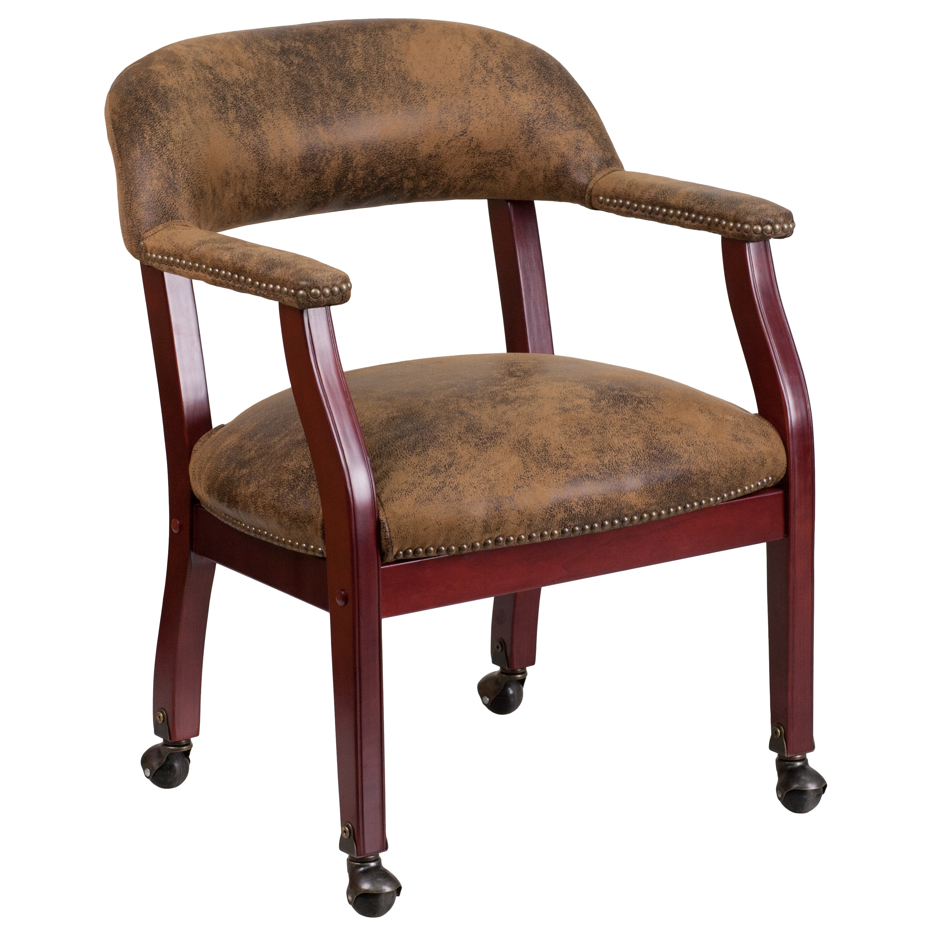 Elegant Bomber Jacket Brown Microfiber Conference Chair with Brass Accents