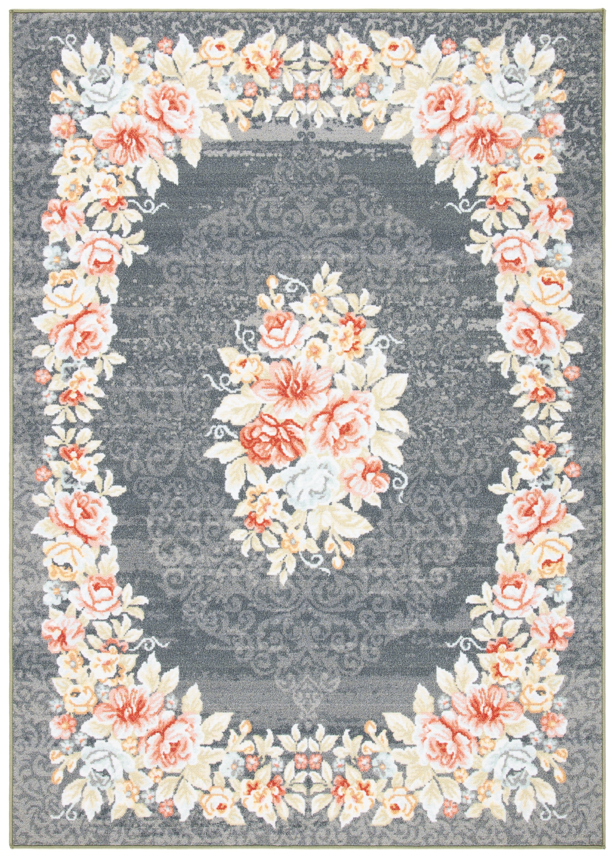 Gray and Pink Floral Bordered Rectangular Wool Rug