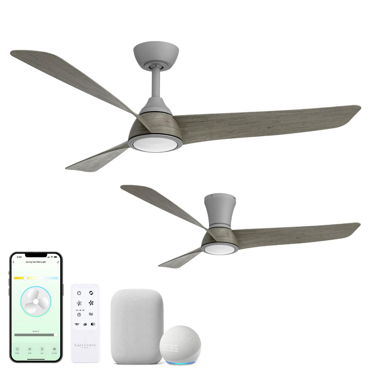 East Grove Home Versa 52in 3-Blade Smart Dual Mount Convertible Ceiling Fan or Flush Mount Fan 2700K-6000K CCT Tunable Range LED Light Kit with Graphite Hardware in Weathered Gray Blades Works With iOS or Android App