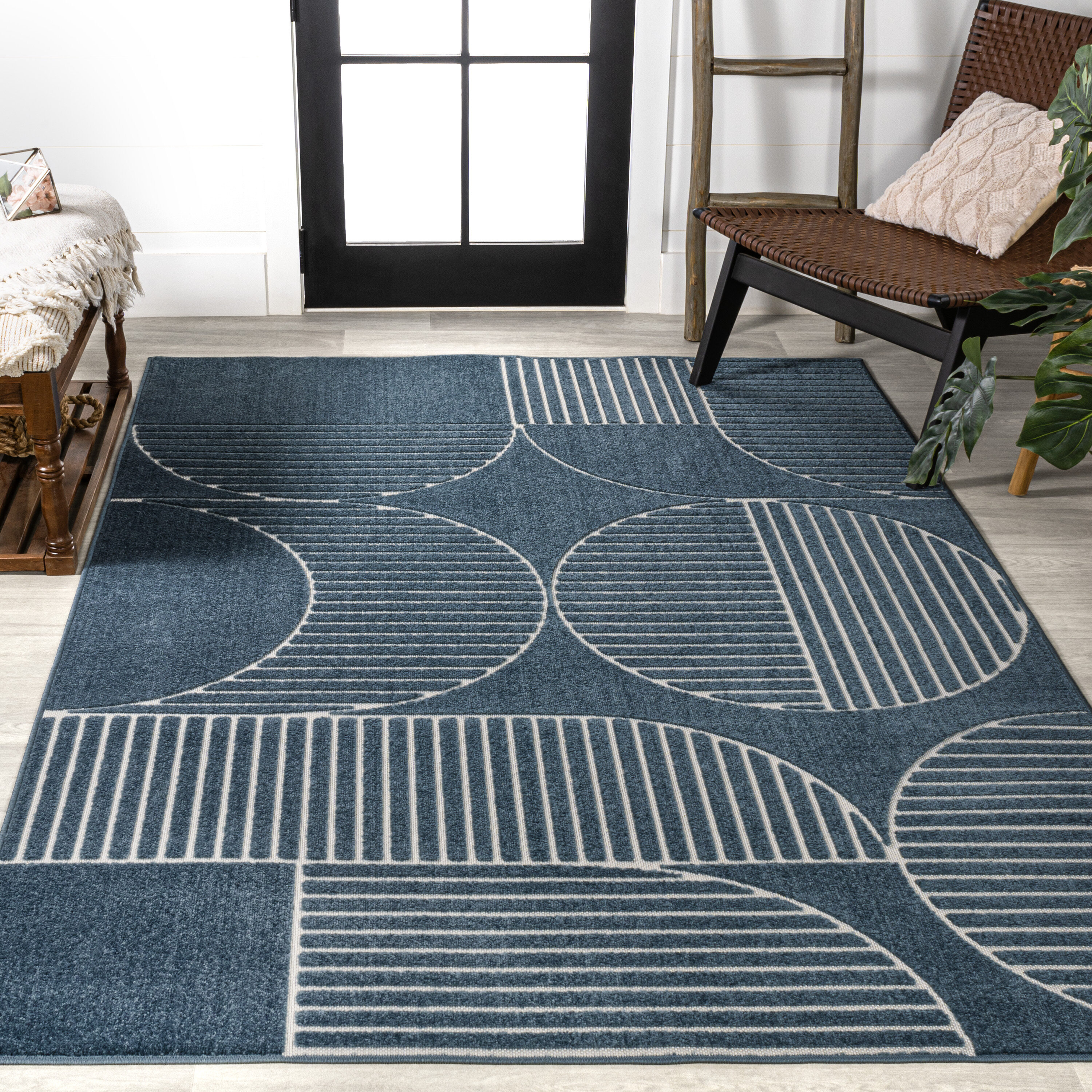 JONATHAN  Y SCN104A-8 Scandinavian Nordby High-Low Geometric Arch Scandi Striped 8 x 10 (ft) Loomed Polypropylene Navy/Cream Rectangular Indoor/Outdoor Geometric Farmhouse/Cottage Area rug
