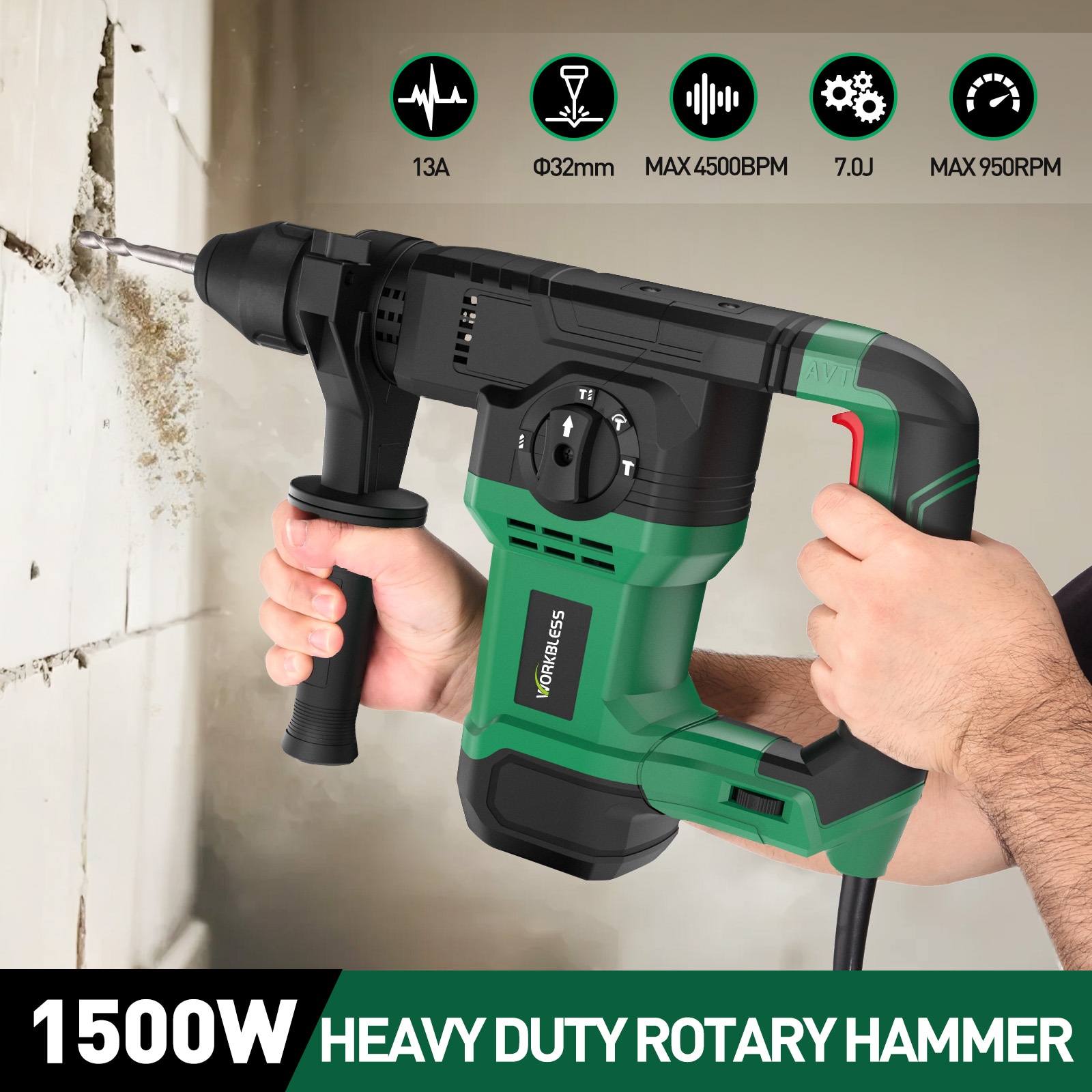 Unique Bargains 1-1/4 Inch SDS-PLUS Rotary Hammer Drill: 13 Amp 7J