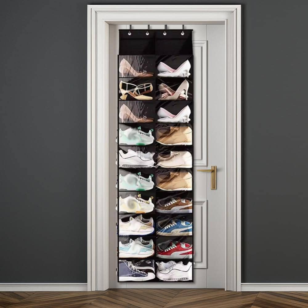 Garvee Over The Door Shoe Organizer Oxford Fabric Hanging Shoe Rack with 20 Large Pockets 4 Metal Hook 10 Layers Clear Shoe Holder for Closet Door Storage