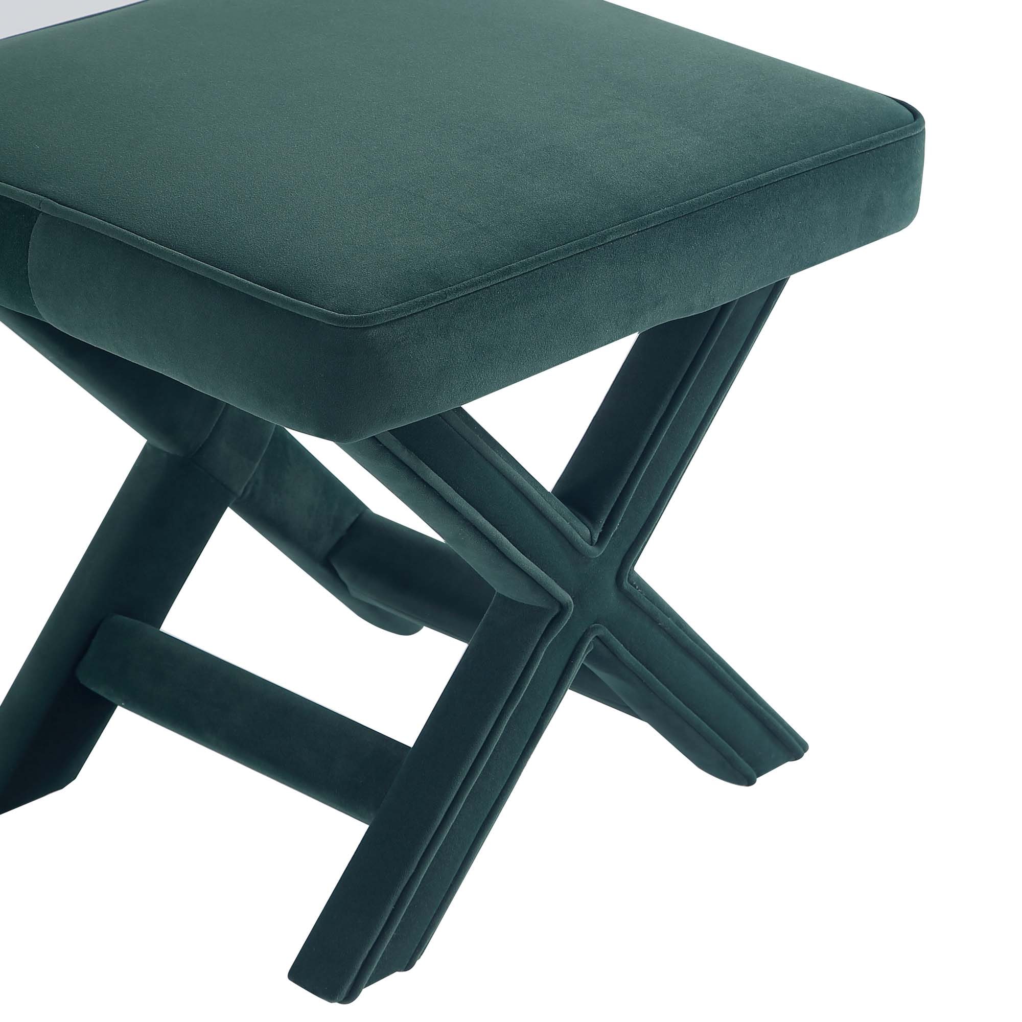 Green Velvet Upholstered Ottoman with X-Crossed Legs
