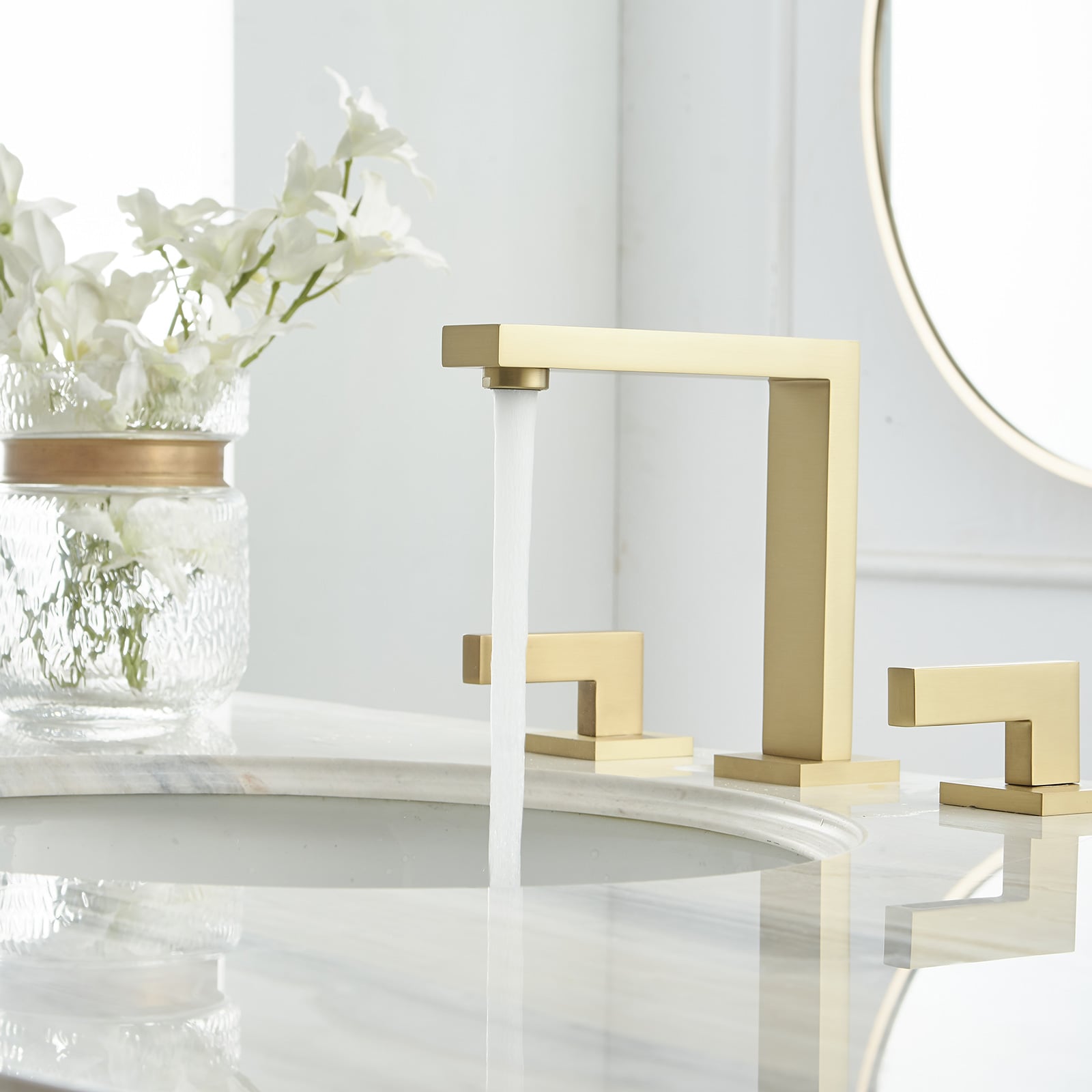 Brushed Gold Modern Widespread Bathroom Faucet with Lever Handles