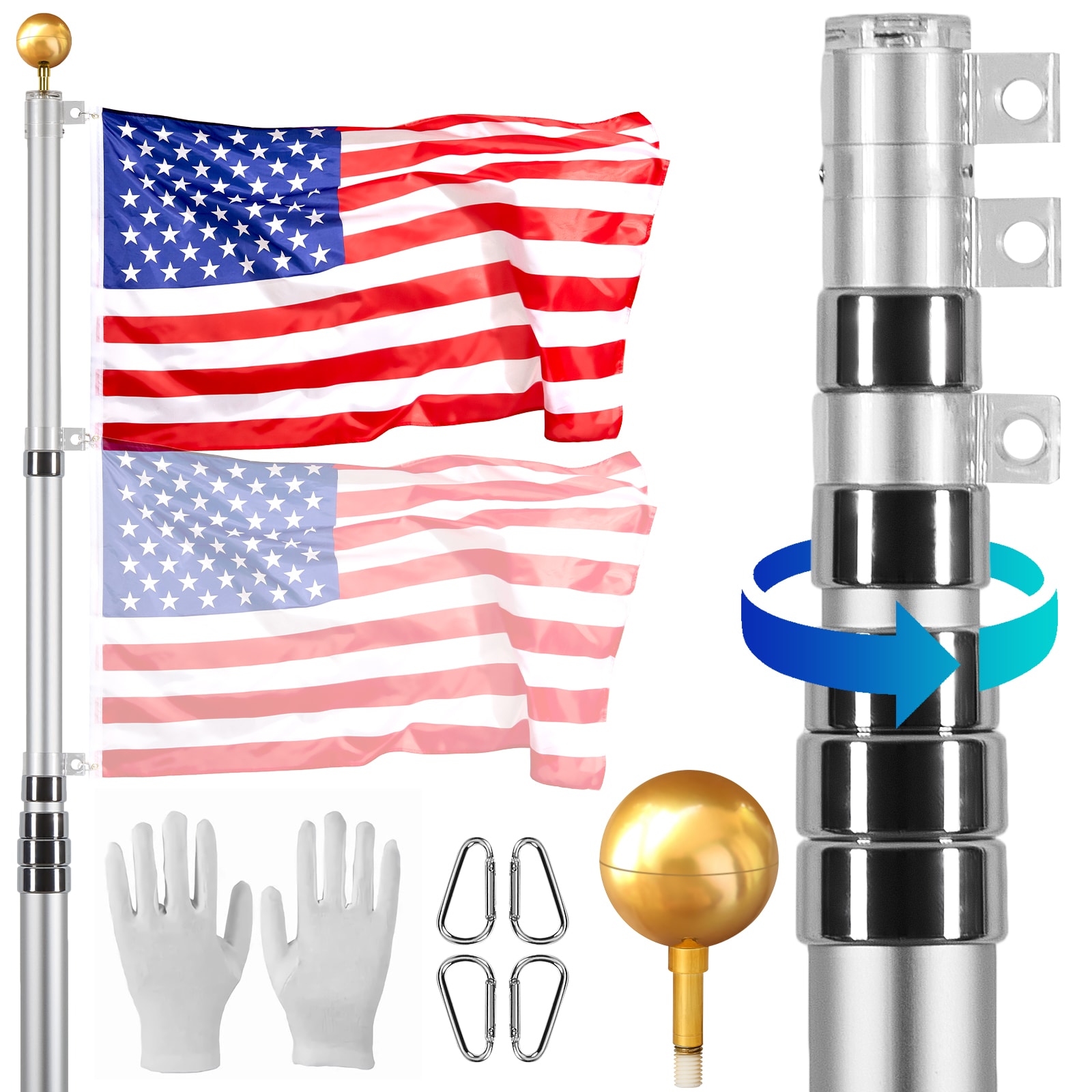VEVOR SCQGTJSSSYS305114V0 30FT Telescoping Flag pole Kit  Heavy Duty Aluminum Alloy in Ground Flag Poles for Outside  3 Display Modes Flagpole with 3x5 American Flag  Professional Accessories  Silver