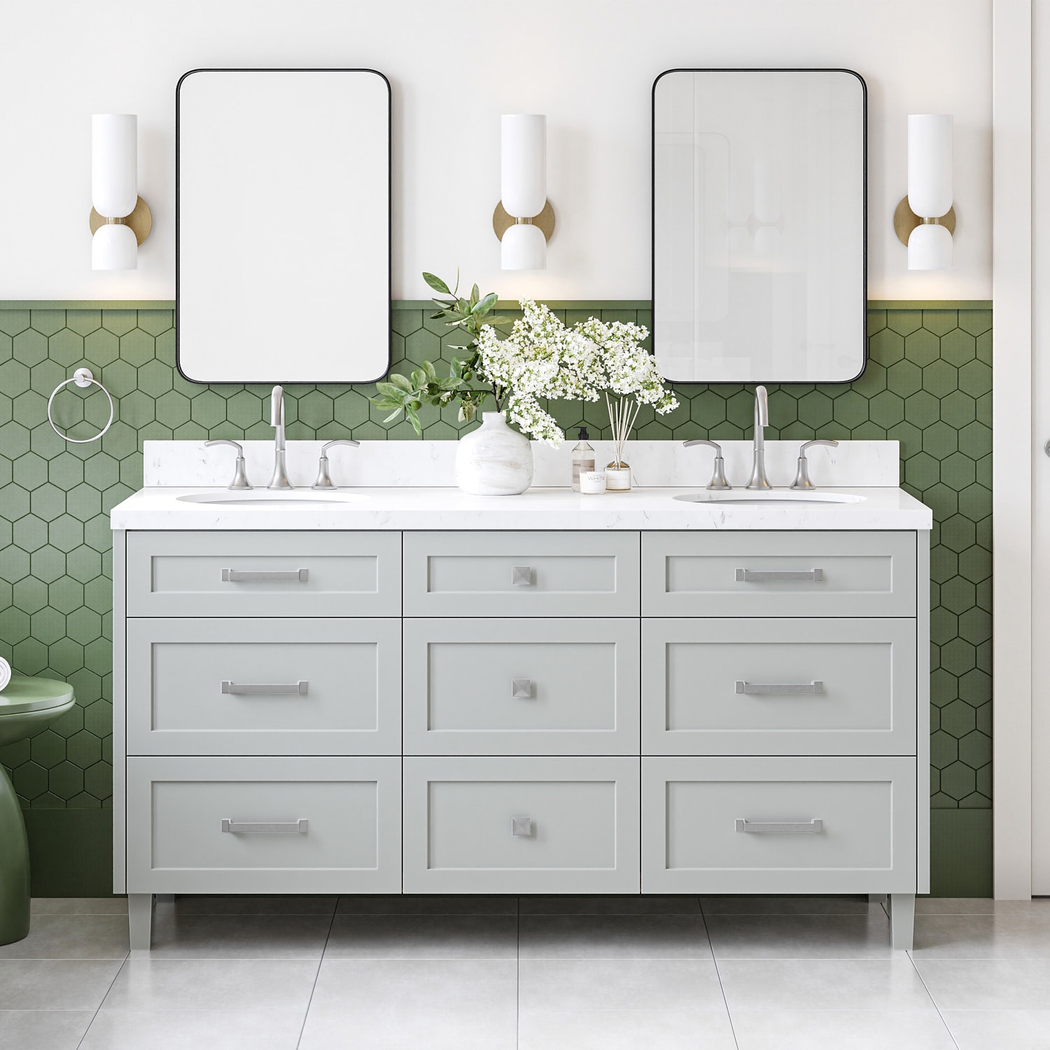 ARIEL B66DCQOVOGRY Monroe 66.25-in Gray Undermount Double Sink Bathroom Vanity with Carrara White Quartz Quartz Top