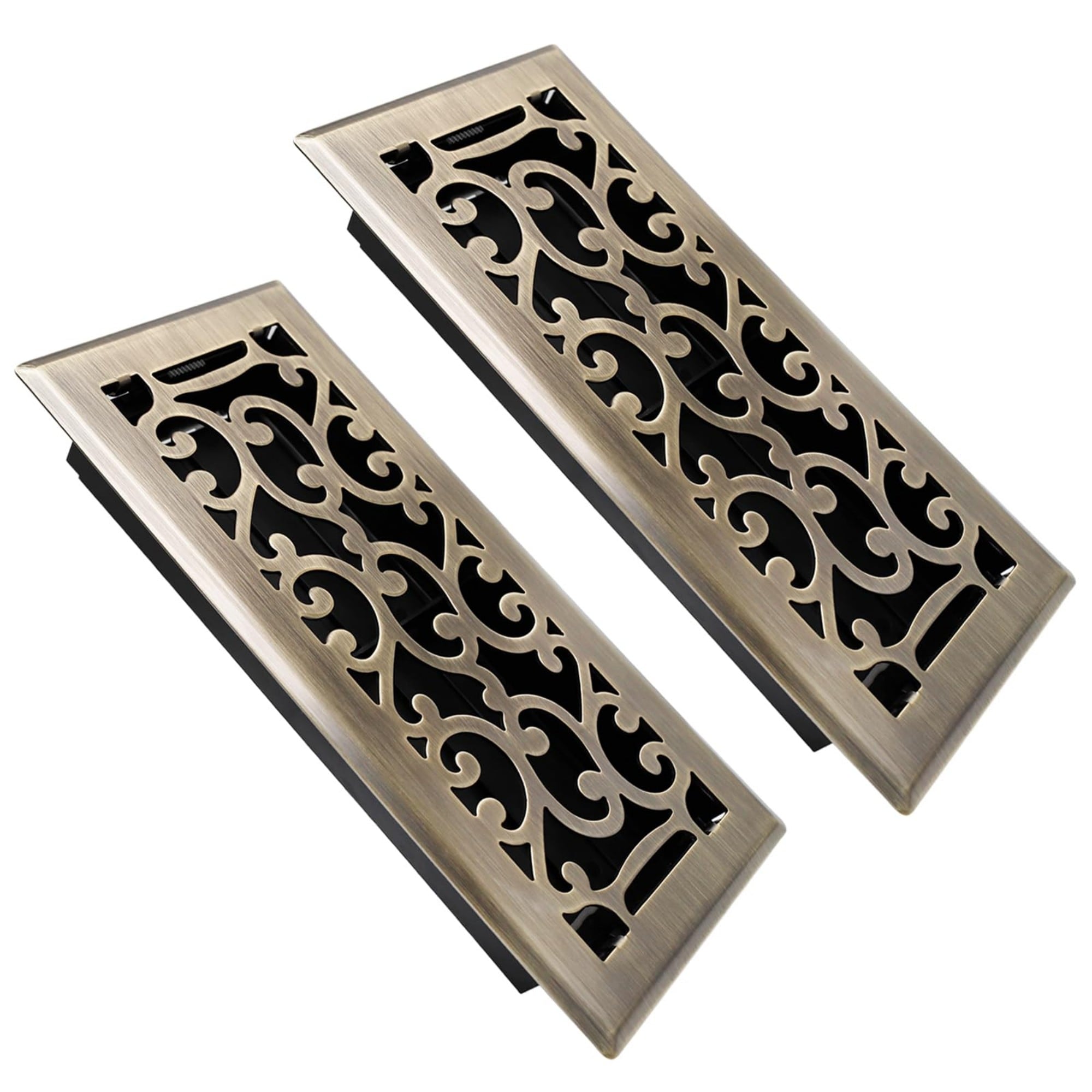 Numhew 4in x 10in 2-Pack Decorative Savannah Antique Brass Floor Vent Covers Heavy Duty Walkable Steel 2-Blade Adjustable Air Register #NHDREW42432
