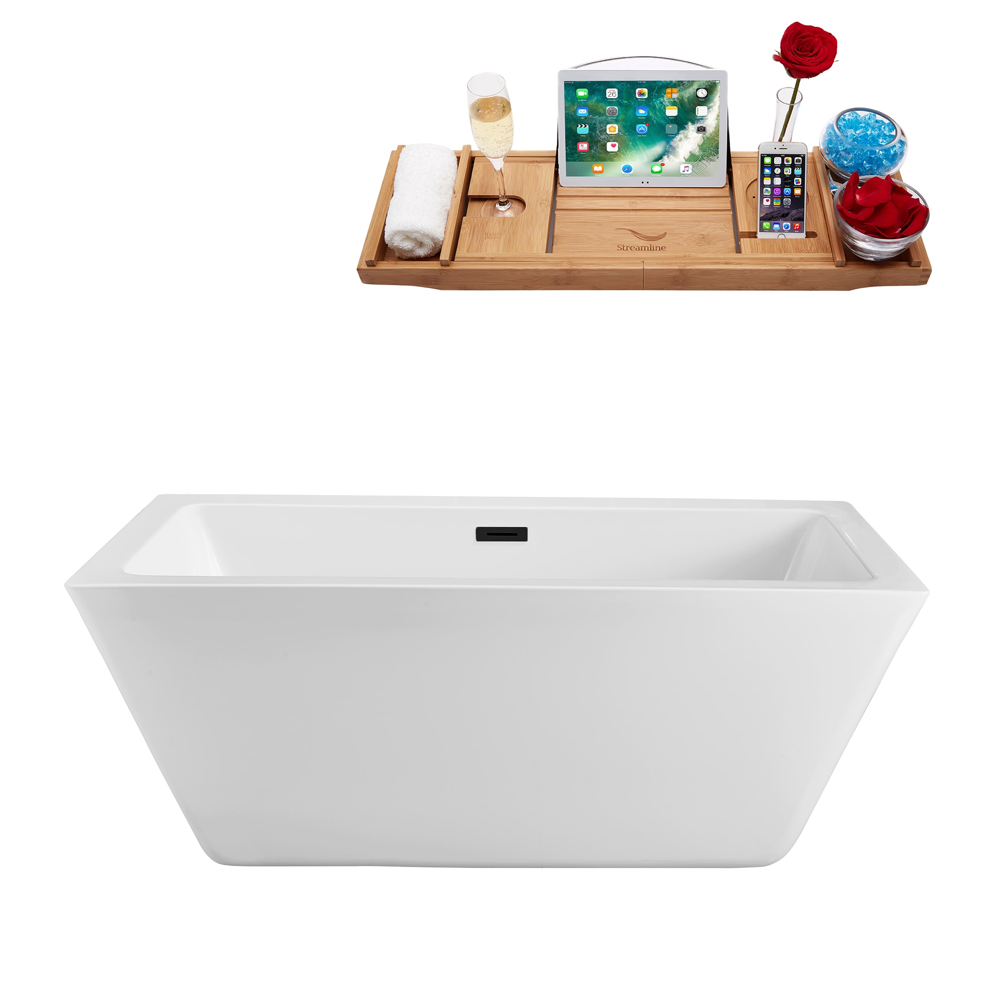 Streamline N320BL 27.6-in x 60.2-in Glossy White Acrylic Rectangular Freestanding Soaking bathtub with Drain ( Center Drain )