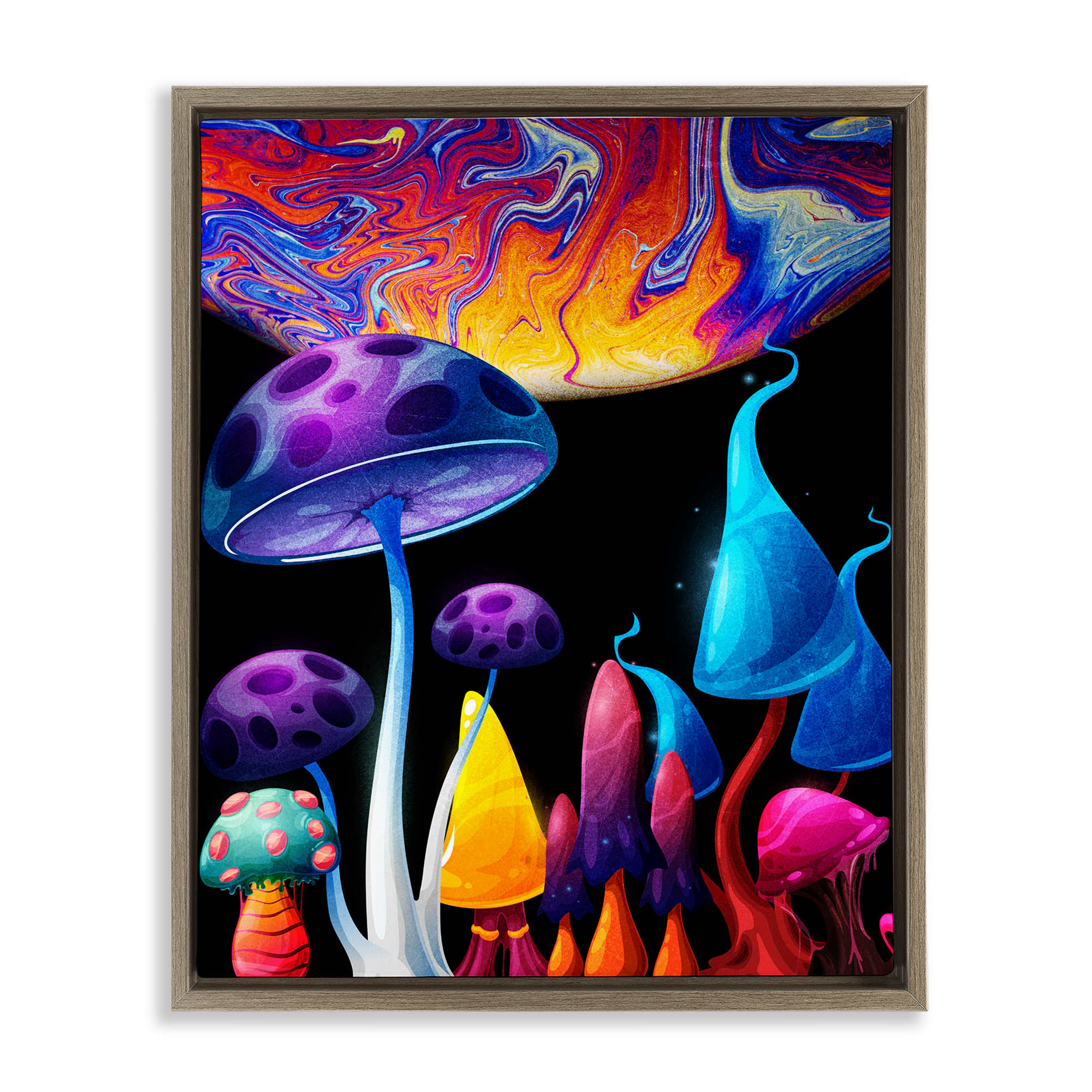 Stupell Industries BS-075-FFE-16X20 Whimsical Mushrooms in Space Brown Framed Floater Canvas Wall Art By Kim Allen 17 x 21