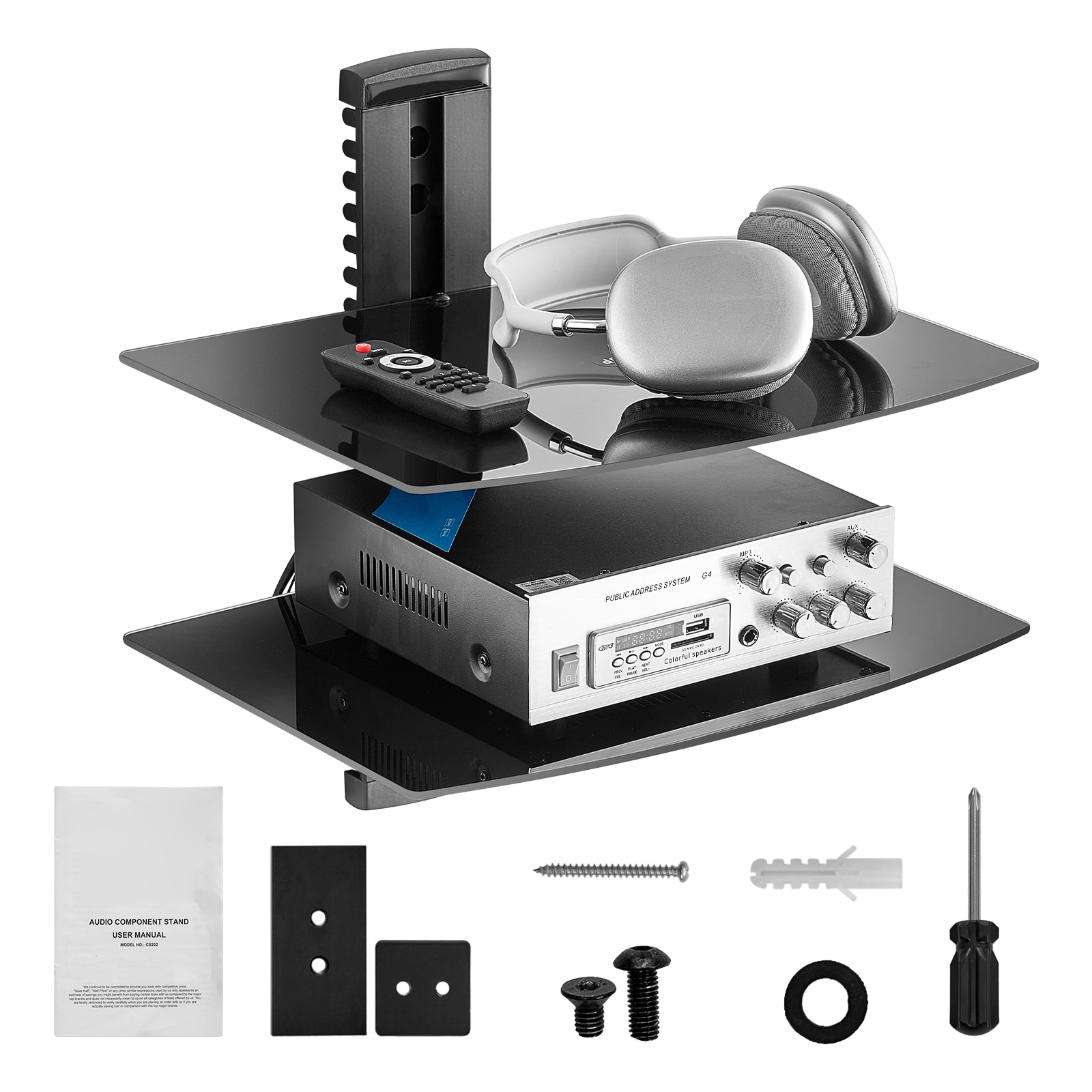 VEVOR Glass Floating Shelves  Holds up to 18 lbs  TV Wall Mount with Shelf Strengthened Floating Entertainment Center for DVD Players / PS4 / Cable Boxes/Game Consoles/Sky Box/TV Accessories-2 Tiers