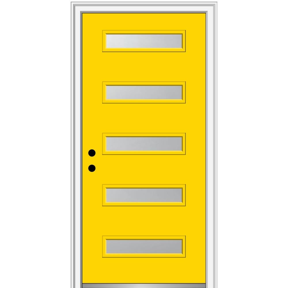 MMI DOOR ZZ350445R Spotlights 32-in x 80-in x 6-9/16-in Fiberglass Pulse lite Right-hand inswing Yellow Flash Painted Prehung Front Door with Brickmould Insulating core