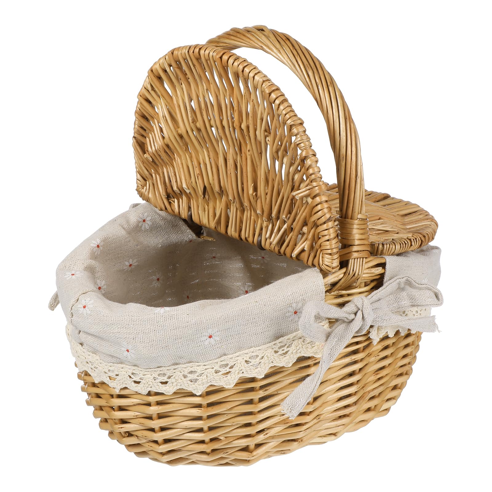 Aoibox  Daisy Pattern 1 Piece Natural Wicker Oval Picnic Basket with Double Lid and Cotton Linen Lining