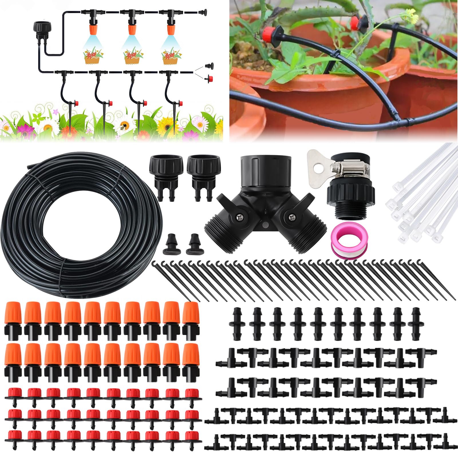 ITOPFOX  Drip Irrigation Kit Automatic Watering System 100FT Tubing Adjustable Nozzles for Garden Greenhouse Flower Bed Patio Lawn 147 pcs