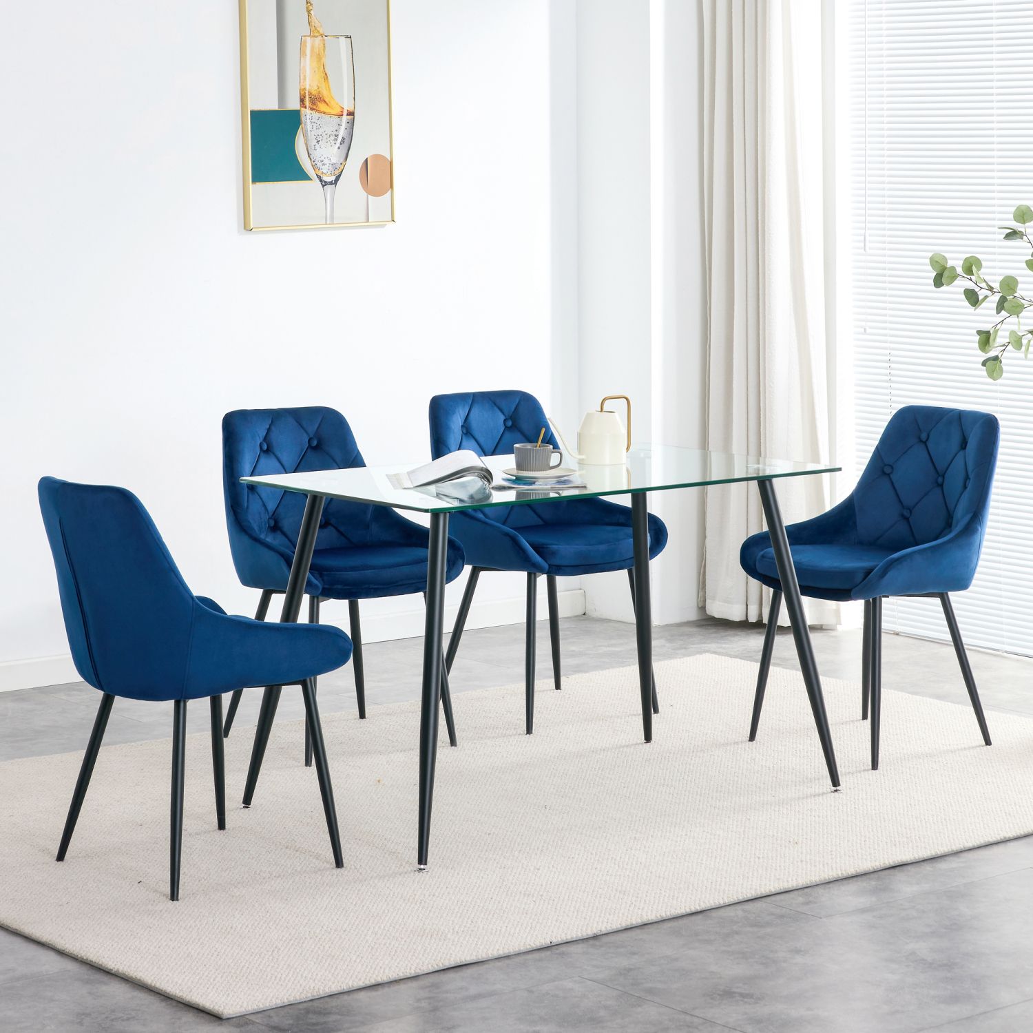 JASMODER W210S00010 Kitchen Dining Room Metal Legs Glass Table Set With 4 Pcs Blue Velvet Fabric Dining Chairs