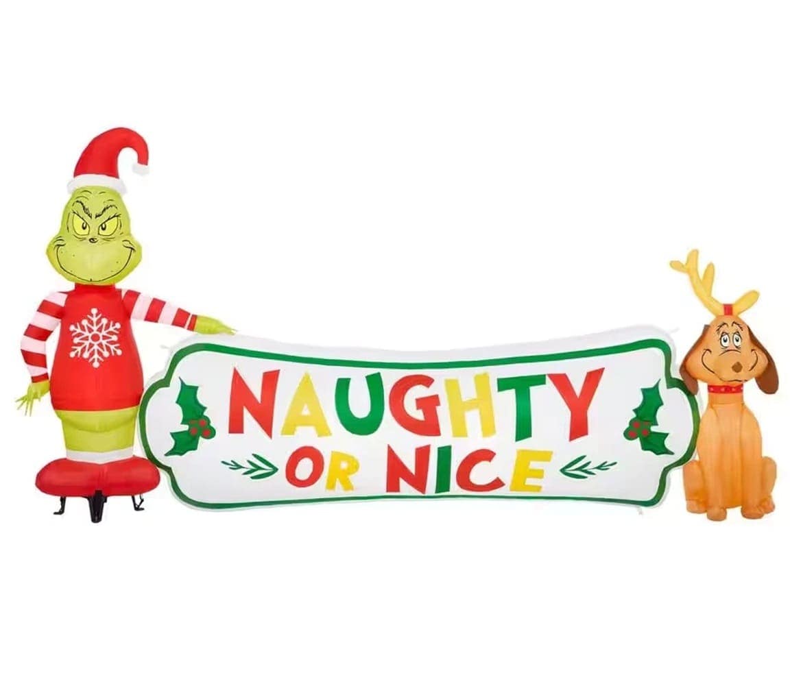  9FT Wide LED Grinch and Max with "Naughty or Nice" Scene Inflatable