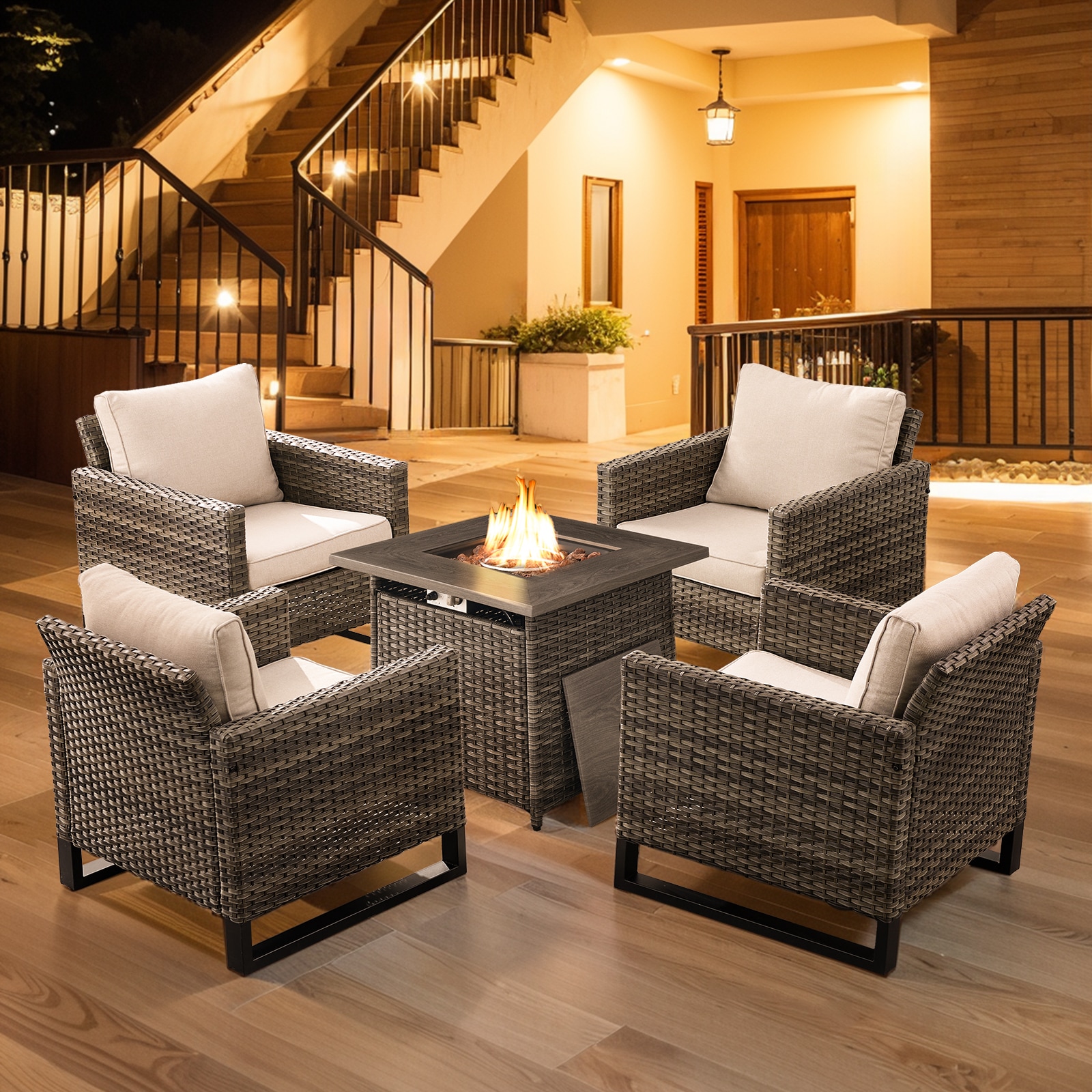  PA063063099-2 PASSET-T 5-Piece Wicker Patio Conversation Set with Beige Cushions
