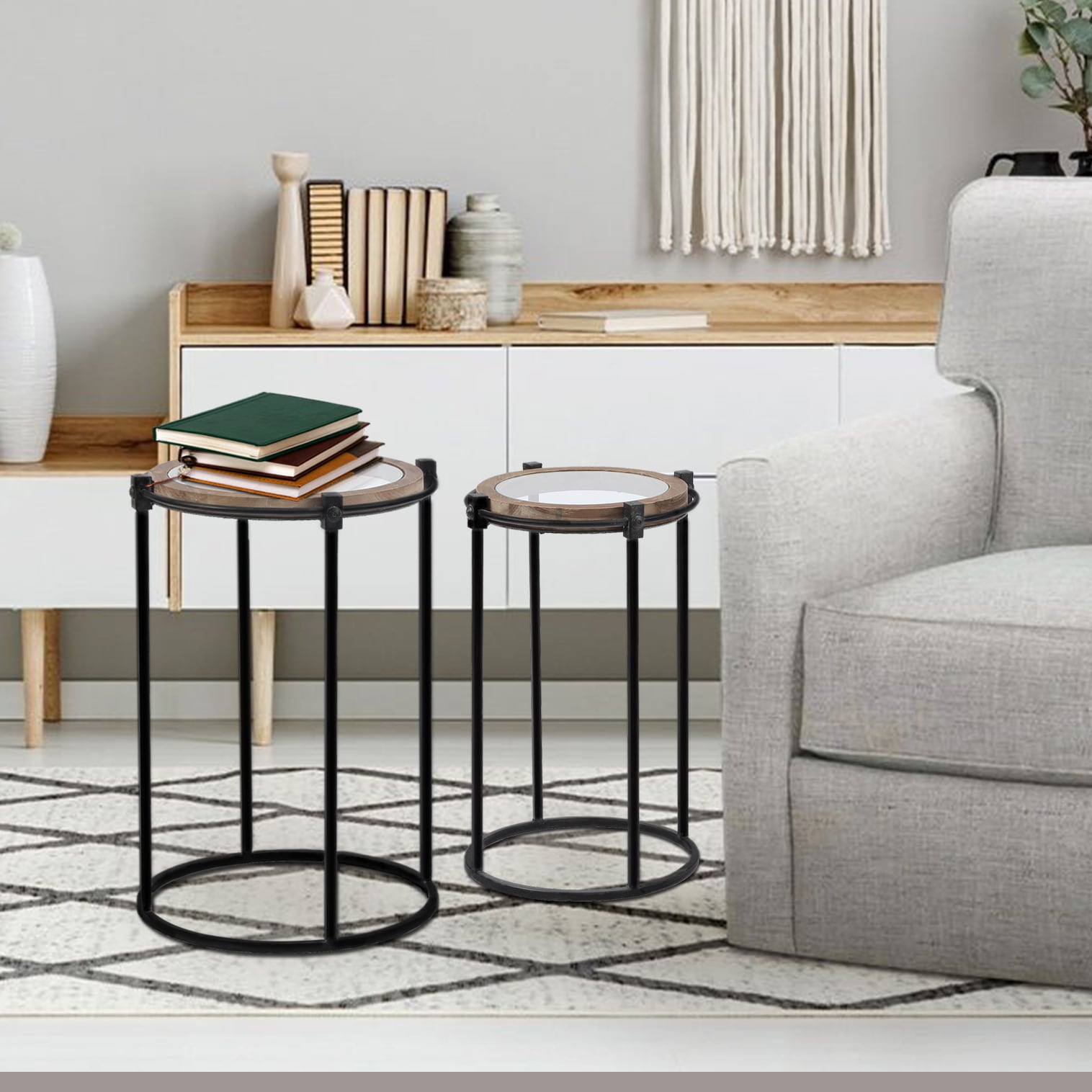 LuxenHome 2-Piece Black Metal and Glass Round Accent Tables