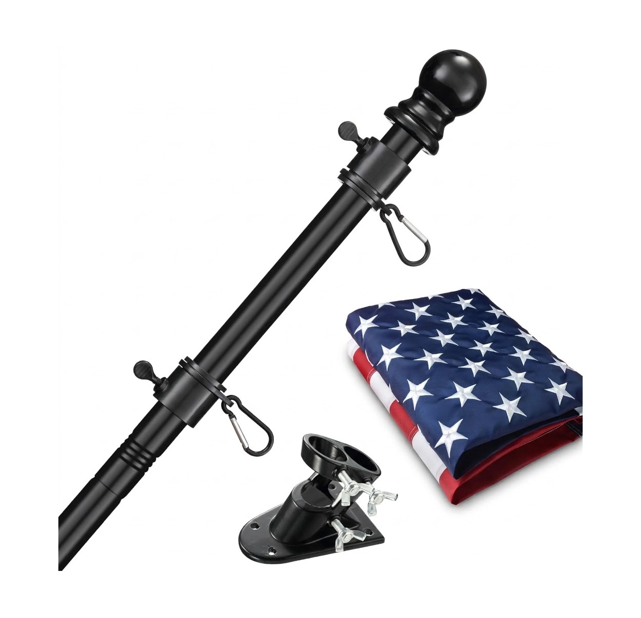 Afoxsos 3x5 ft US Flag Pole Kit 5 ft Black Stainless Steel Tangle Free Flagpole with Ball Finial Adjustable Mounting Bracket and Embroidered Flag 1 Kit