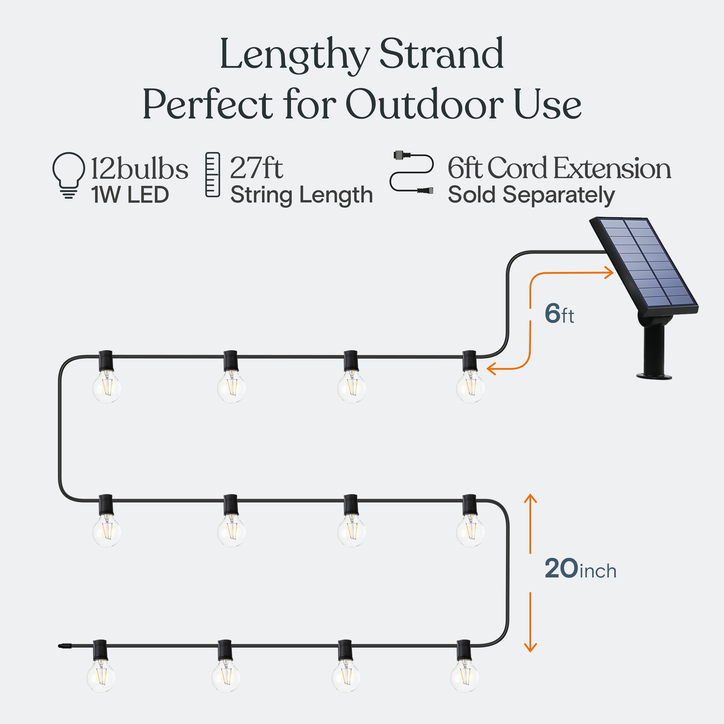 27 Ft Warm White Solar Powered LED Globe String Lights